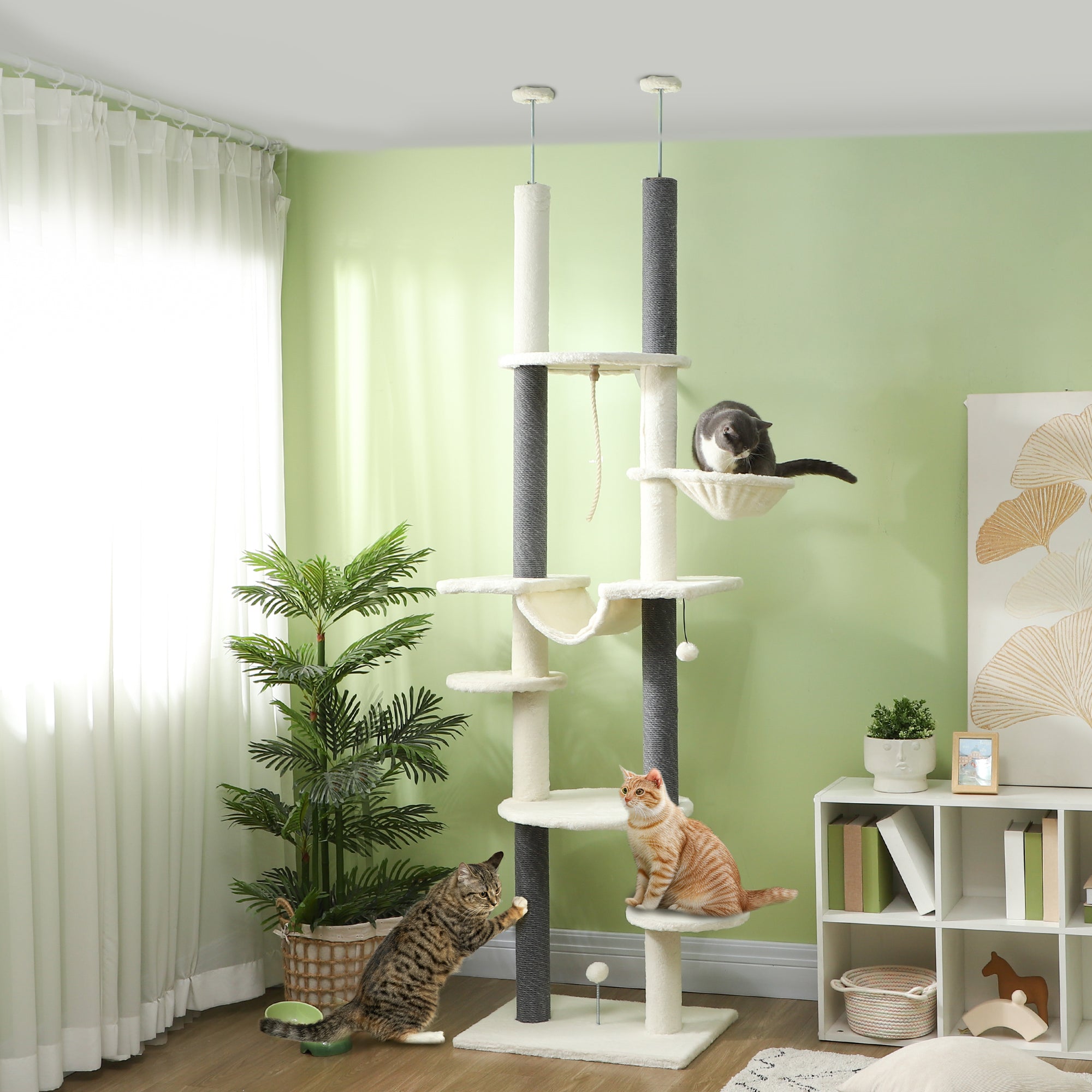 PawHut Cat Tree Tower, Floor to Ceiling Cat Tree, Adjustable Height (89"- 100"), 7 Tier Cat Tower with Scratching Posts, Hammock, Perches, Toy Balls & Rope Cat Toy for Indoor Cats, White