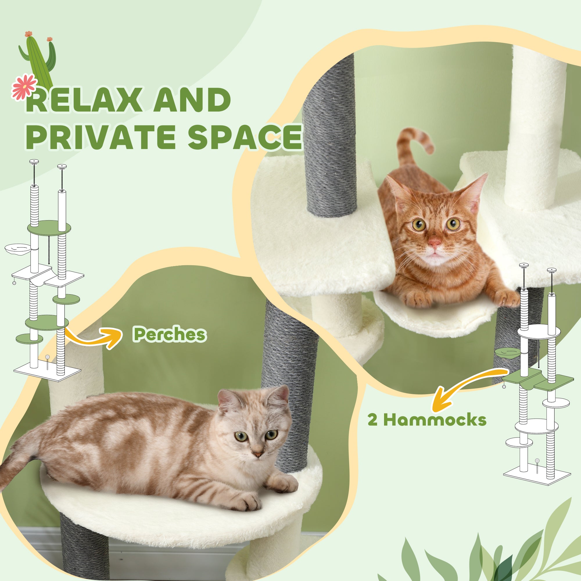 PawHut Cat Tree Tower, Floor to Ceiling Cat Tree, Adjustable Height (89"- 100"), 7 Tier Cat Tower with Scratching Posts, Hammock, Perches, Toy Balls & Rope Cat Toy for Indoor Cats, White