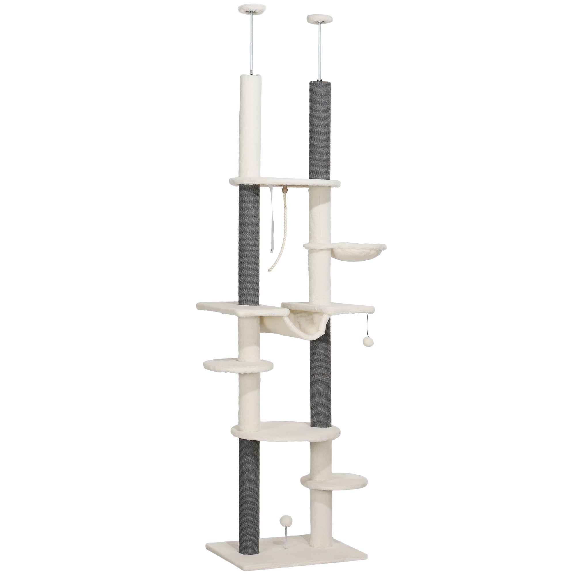 PawHut Cat Tree Tower, Floor to Ceiling Cat Tree, Adjustable Height (89"- 100"), 7 Tier Cat Tower with Scratching Posts, Hammock, Perches, Toy Balls & Rope Cat Toy for Indoor Cats, White