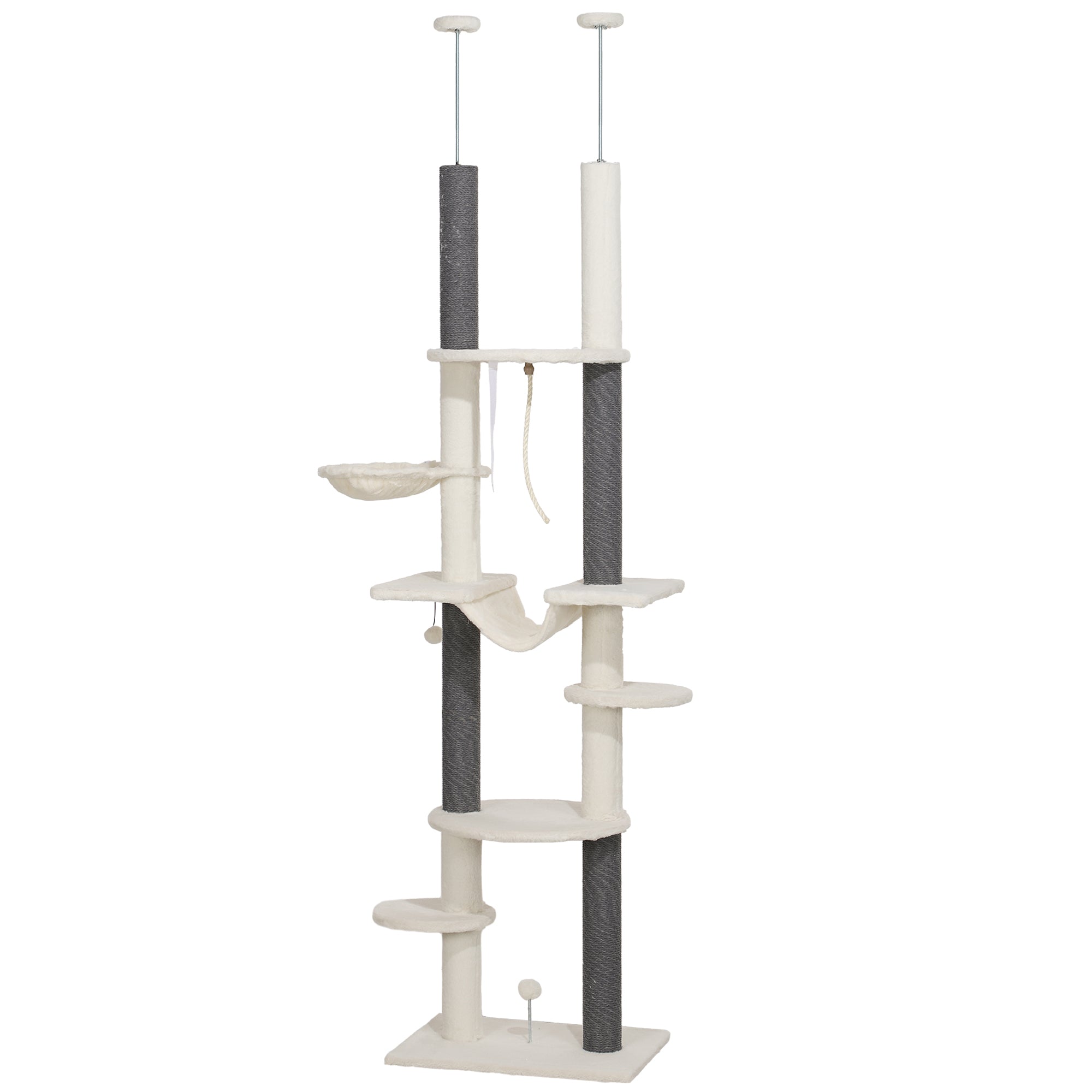 PawHut Cat Tree Tower, Floor to Ceiling Cat Tree, Adjustable Height (89"- 100"), 7 Tier Cat Tower with Scratching Posts, Hammock, Perches, Toy Balls & Rope Cat Toy for Indoor Cats, White