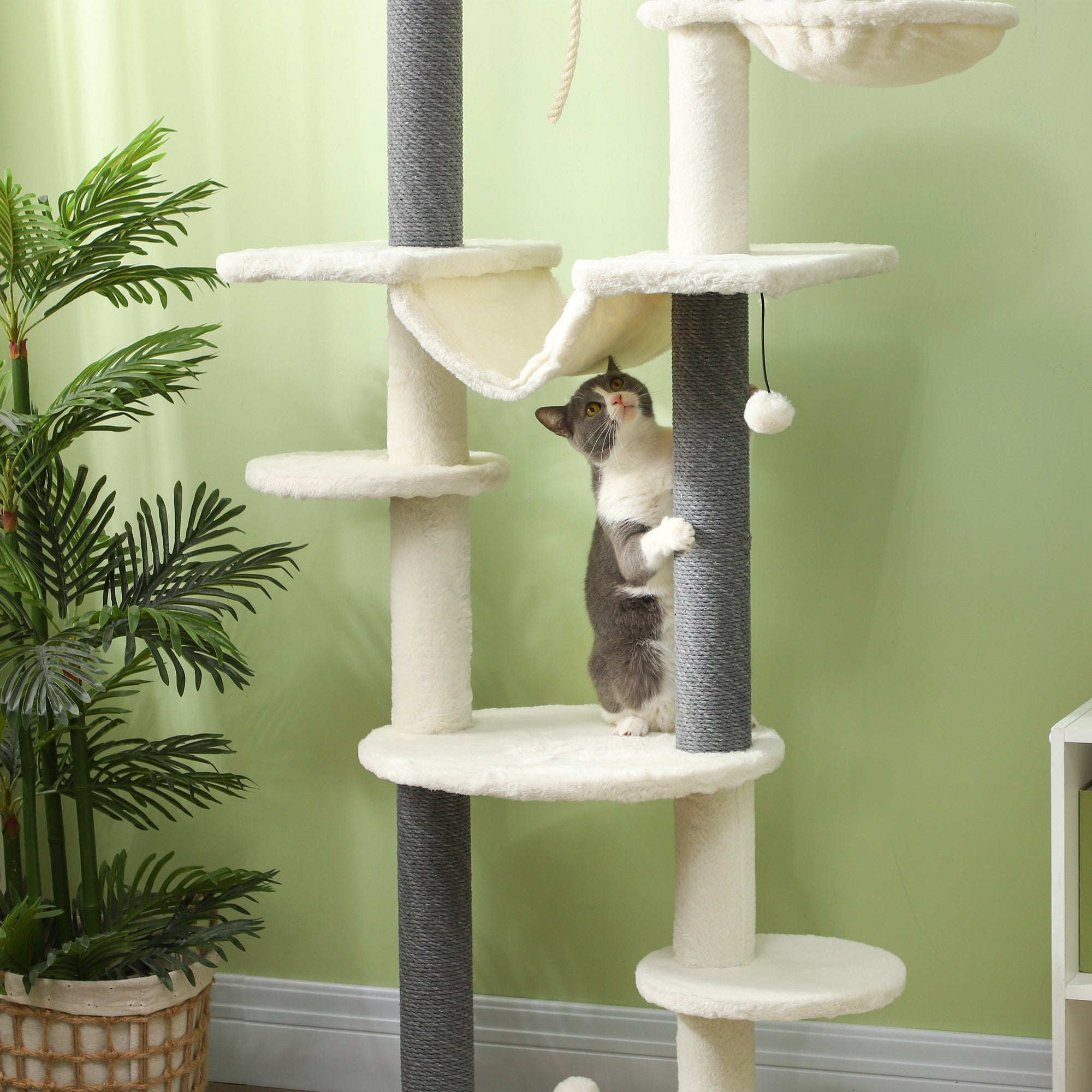 PawHut Cat Tree Tower, Floor to Ceiling Cat Tree, Adjustable Height (89"- 100"), 7 Tier Cat Tower with Scratching Posts, Hammock, Perches, Toy Balls & Rope Cat Toy for Indoor Cats, White