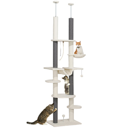 PawHut Cat Tree Tower, Floor to Ceiling Cat Tree, Adjustable Height (89"- 100"), 7 Tier Cat Tower with Scratching Posts, Hammock, Perches, Toy Balls & Rope Cat Toy for Indoor Cats, White