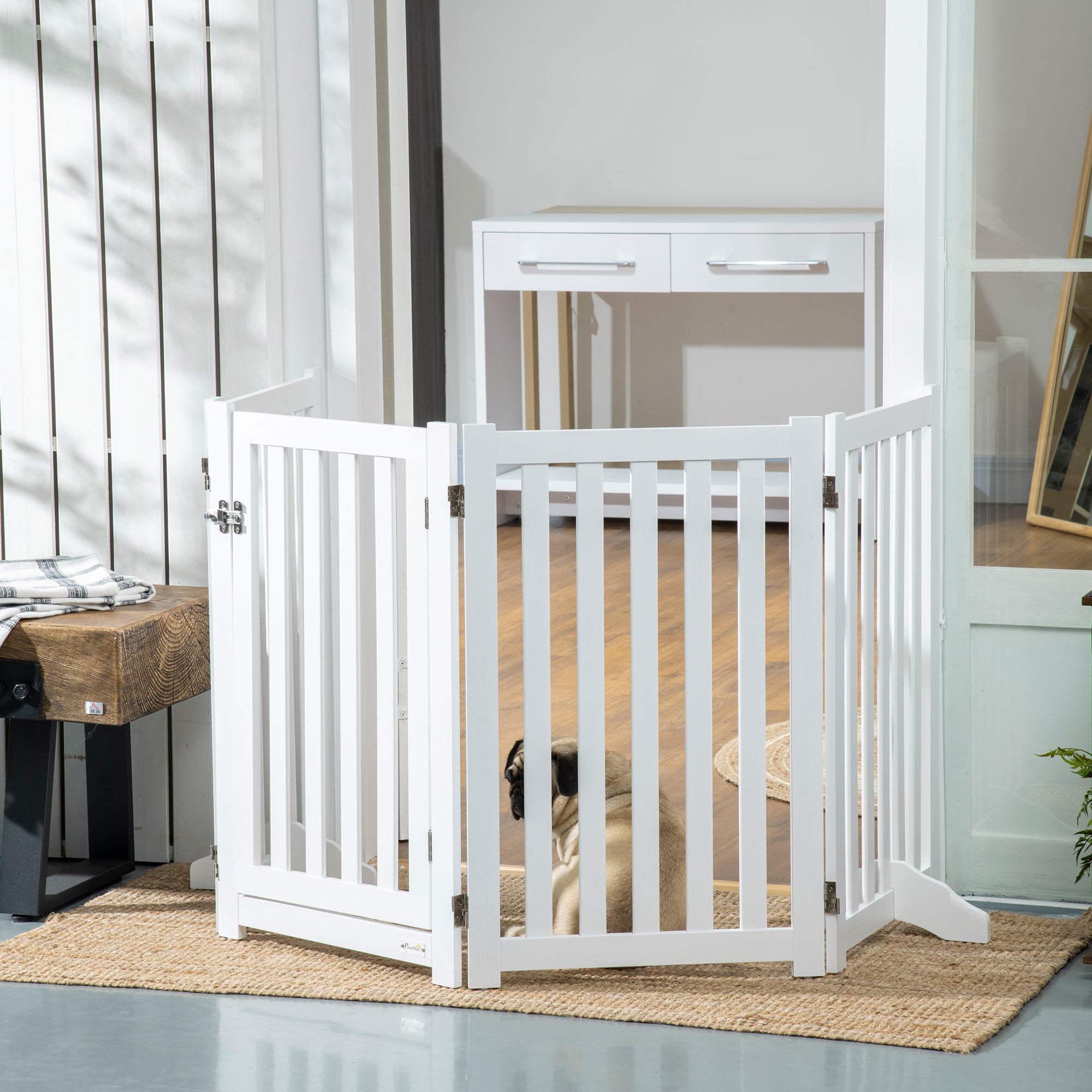 PawHut Foldable Dog Gate with Door, 4 Panels Freestanding Pet Gate with Support Feet Indoor Playpen for Medium Dogs and Below, White