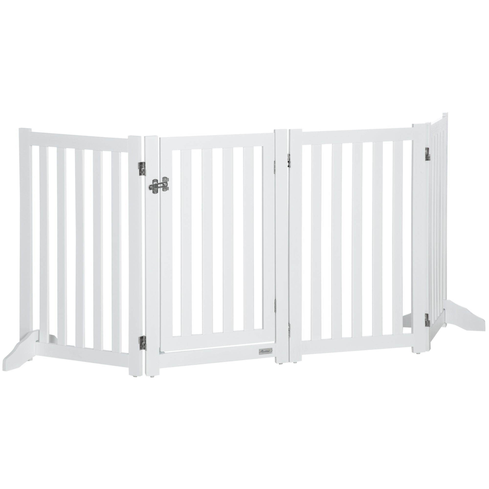 PawHut Foldable Dog Gate with Door, 4 Panels Freestanding Pet Gate with Support Feet Indoor Playpen for Medium Dogs and Below, White