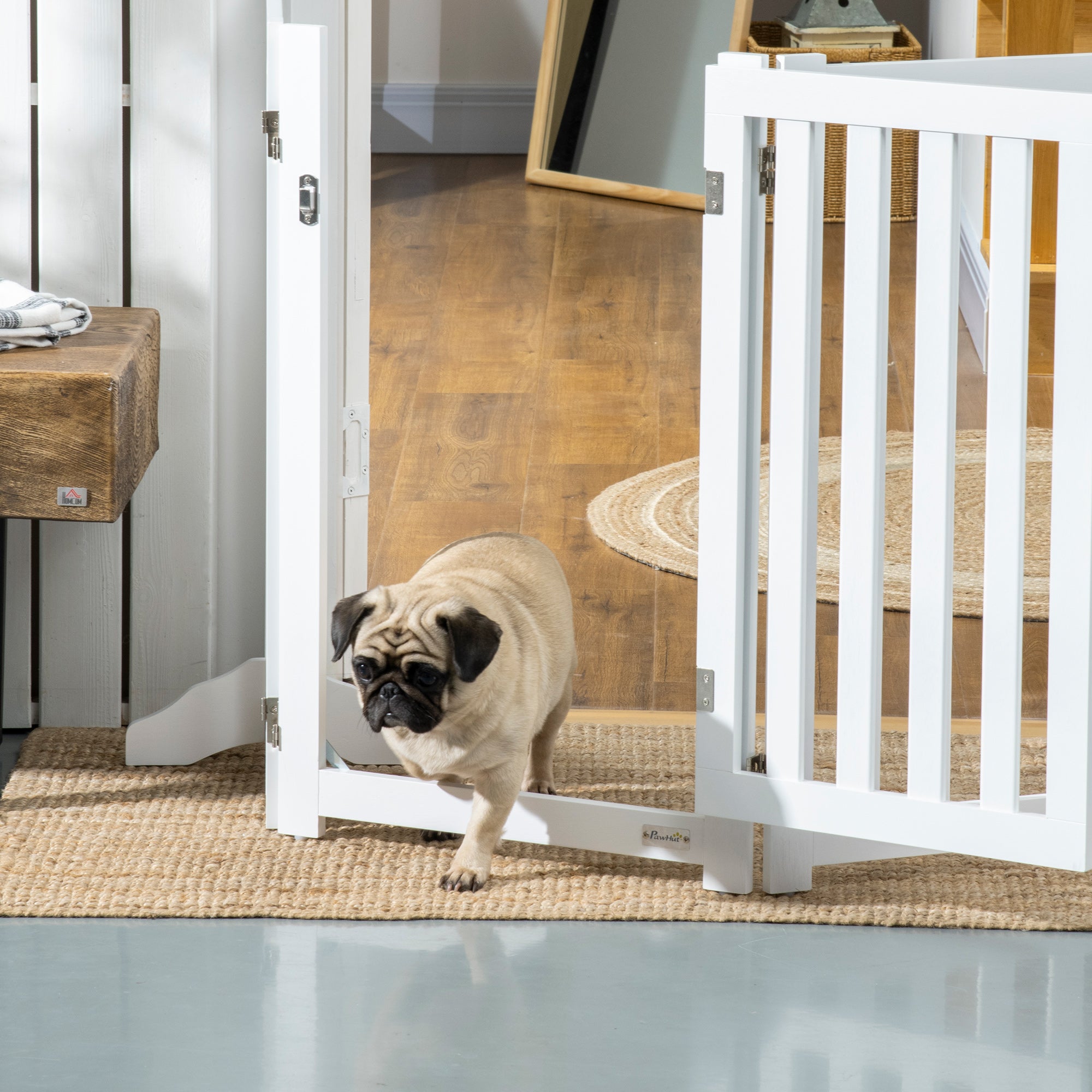 PawHut Foldable Dog Gate with Door, 4 Panels Freestanding Pet Gate with Support Feet Indoor Playpen for Medium Dogs and Below, White
