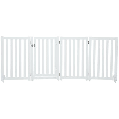 PawHut Foldable Dog Gate with Door, 4 Panels Freestanding Pet Gate with Support Feet Indoor Playpen for Medium Dogs and Below, White