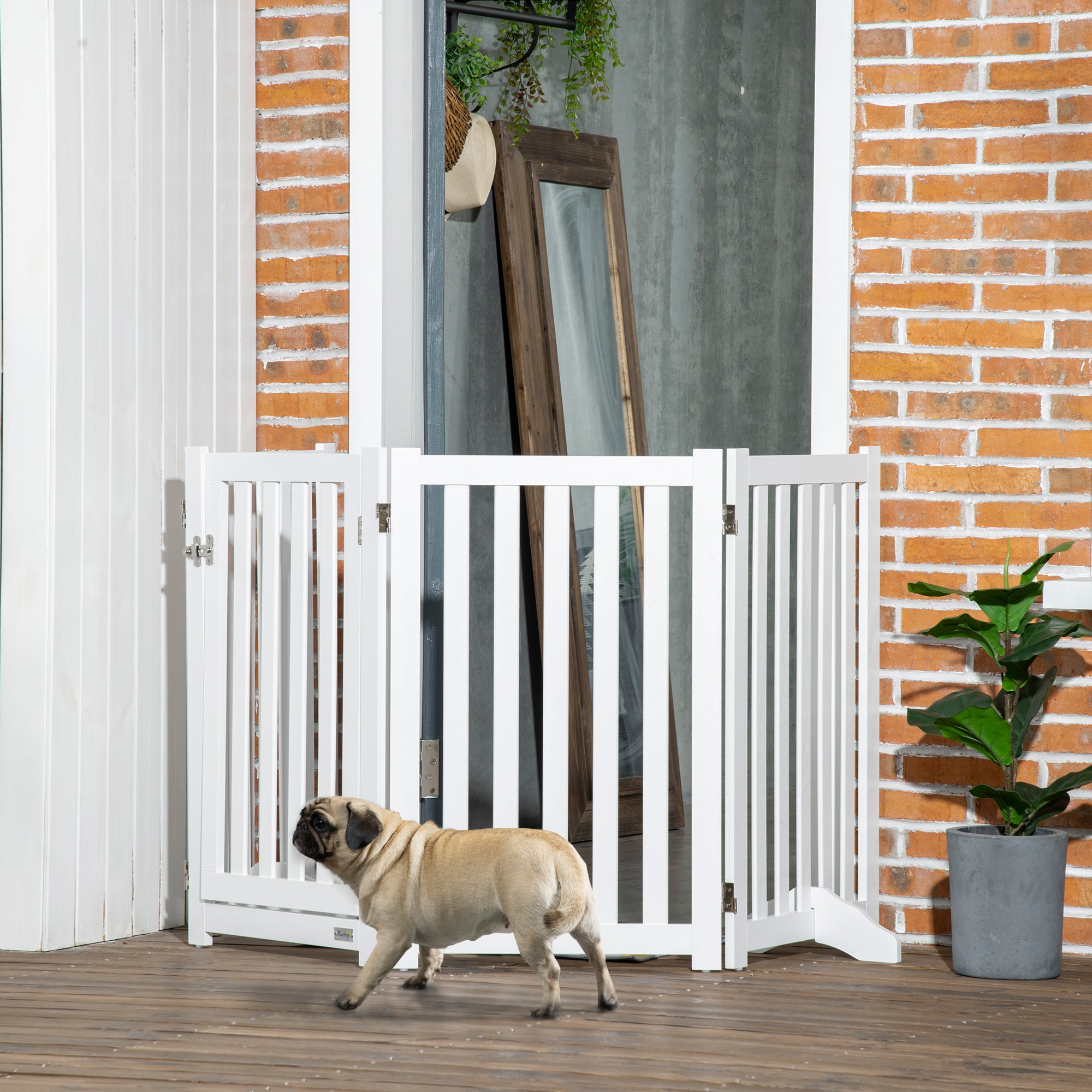 PawHut Foldable Dog Gate with Door, 4 Panels Freestanding Pet Gate with Support Feet Indoor Playpen for Medium Dogs and Below, White