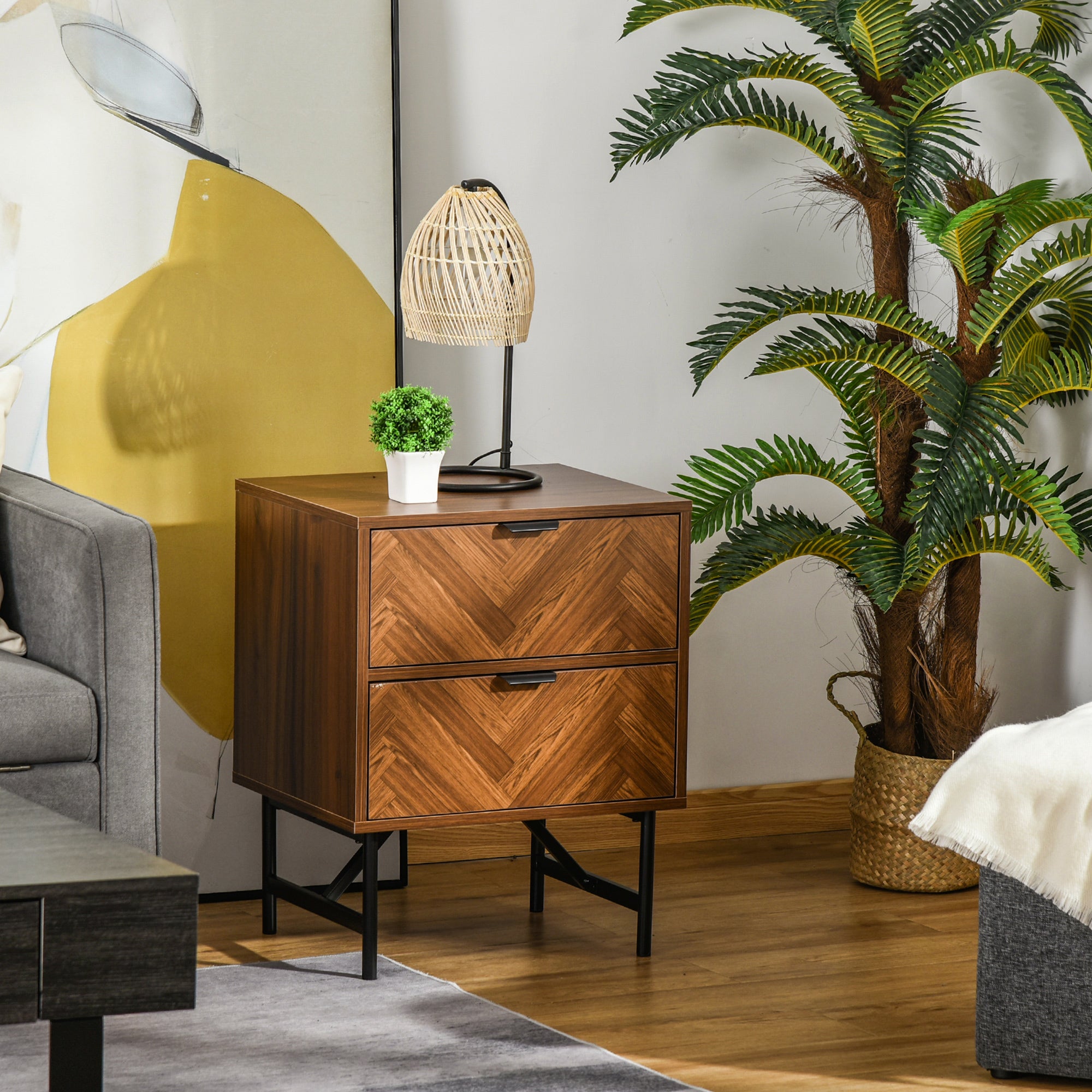 HOMCOM Bedside Table Night Stand, End Side Table Dresser Storage with 2 Drawers, Walnut Brown