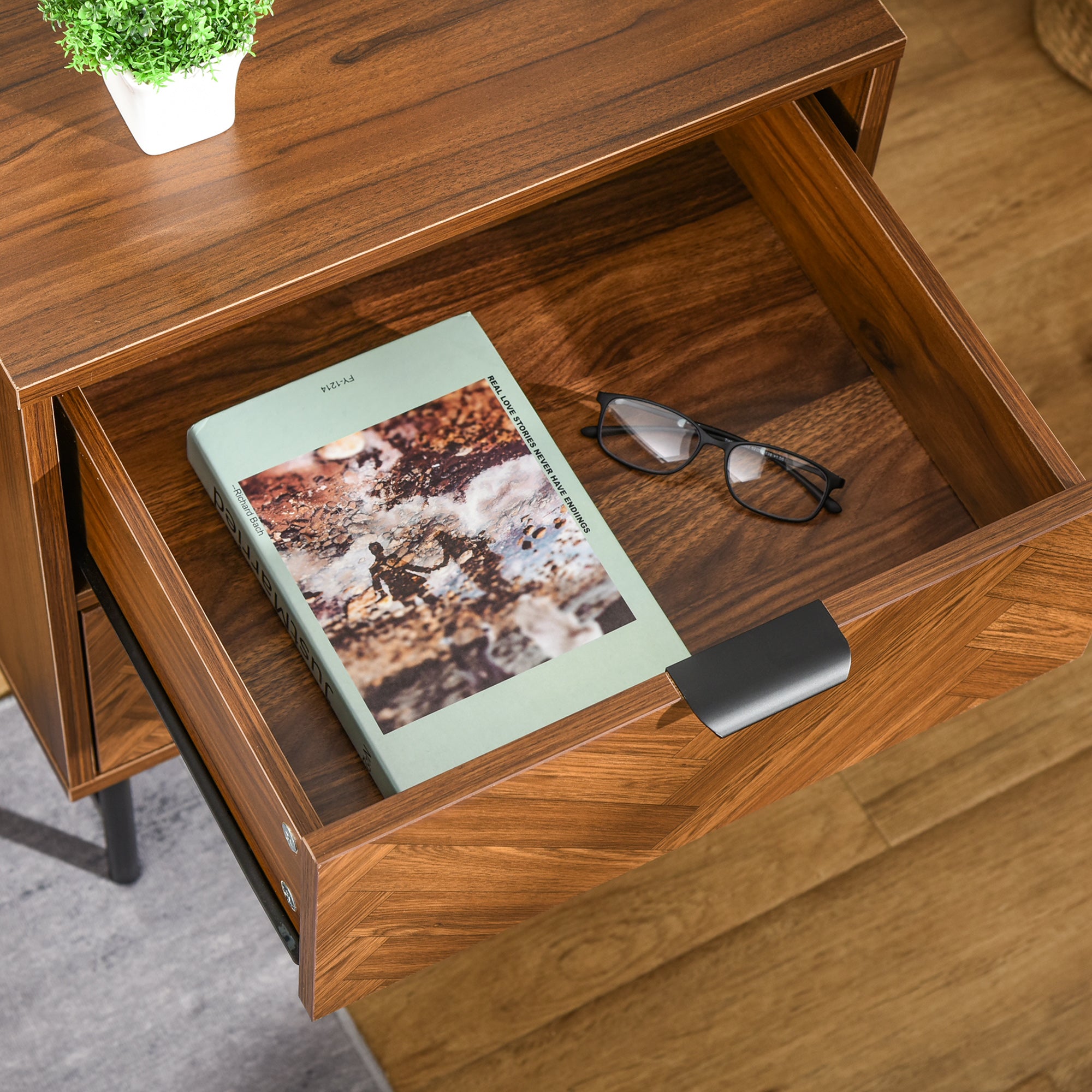 HOMCOM Bedside Table Night Stand, End Side Table Dresser Storage with 2 Drawers, Walnut Brown