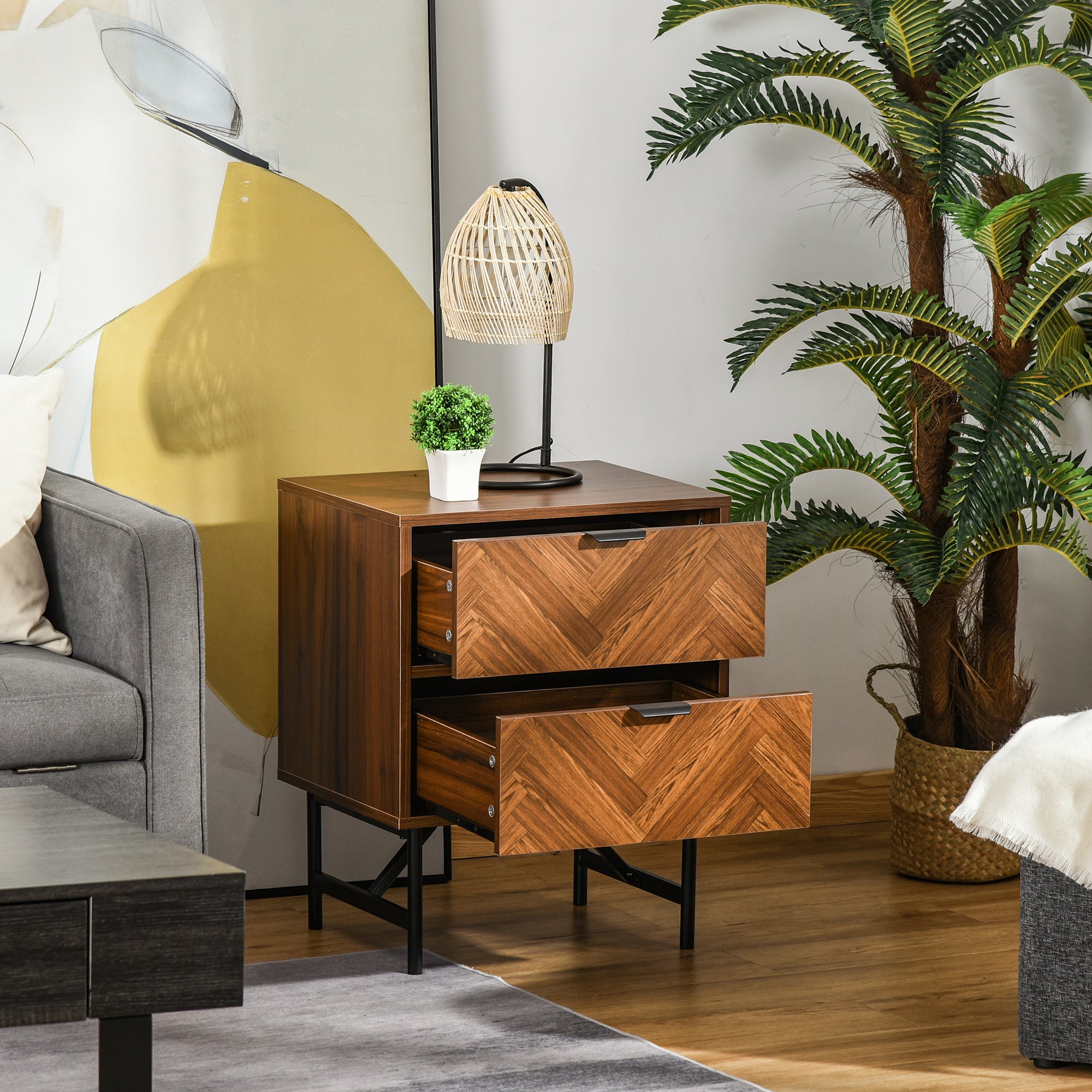 HOMCOM Bedside Table Night Stand, End Side Table Dresser Storage with 2 Drawers, Walnut Brown