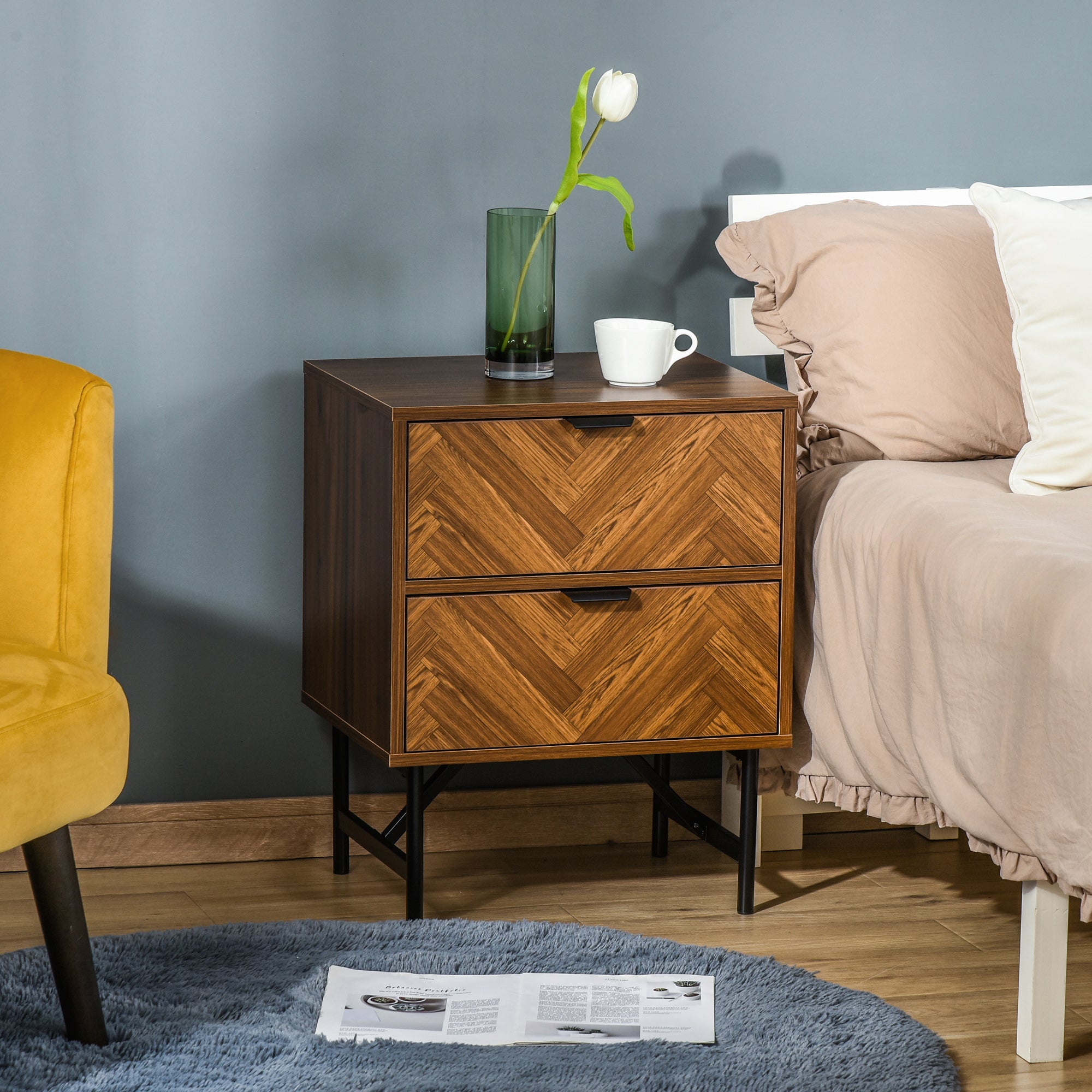 HOMCOM Bedside Table Night Stand, End Side Table Dresser Storage with 2 Drawers, Walnut Brown