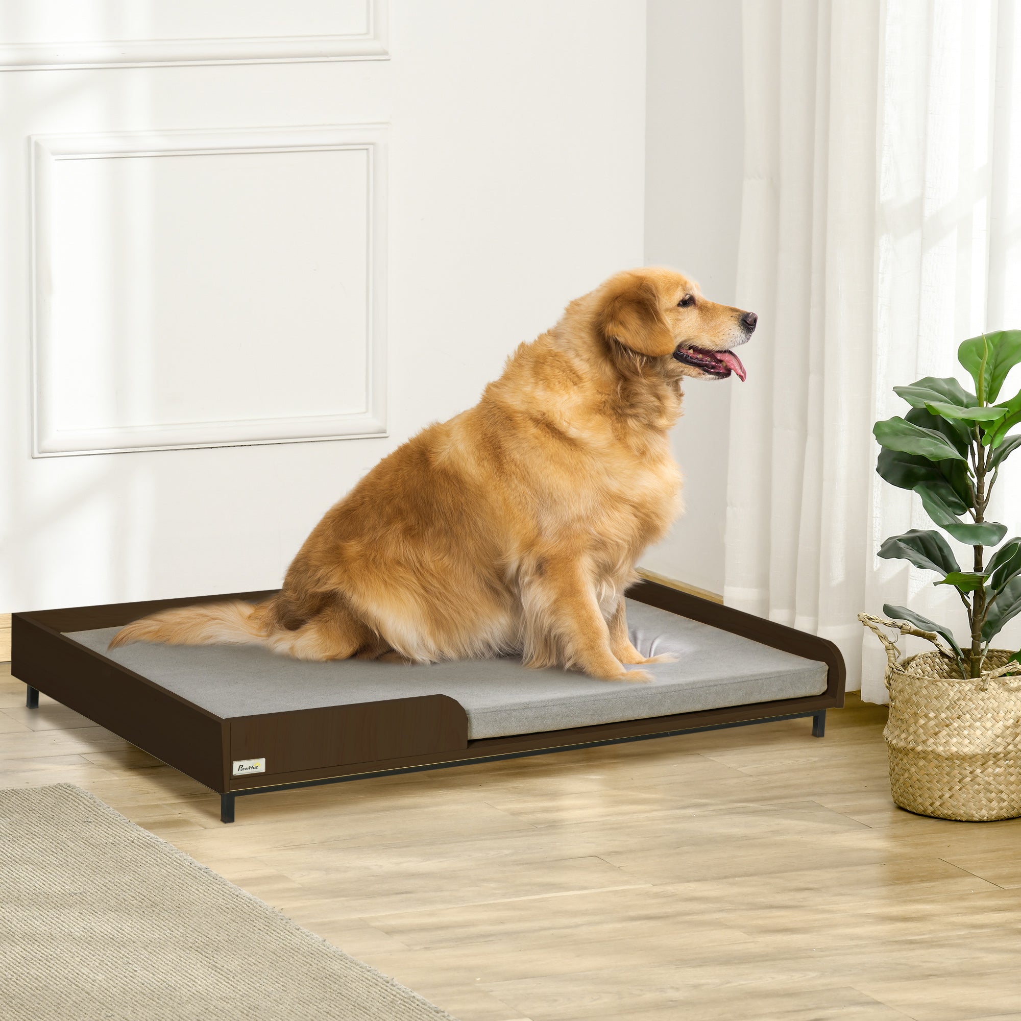 PawHut Elevated Dog Bed Frame, Furniture Style Pet Sofa, Modern Portable Cat Lounge, with Soft Cushion, Washable Cover, Steel Legs, for Large Dog, Brown