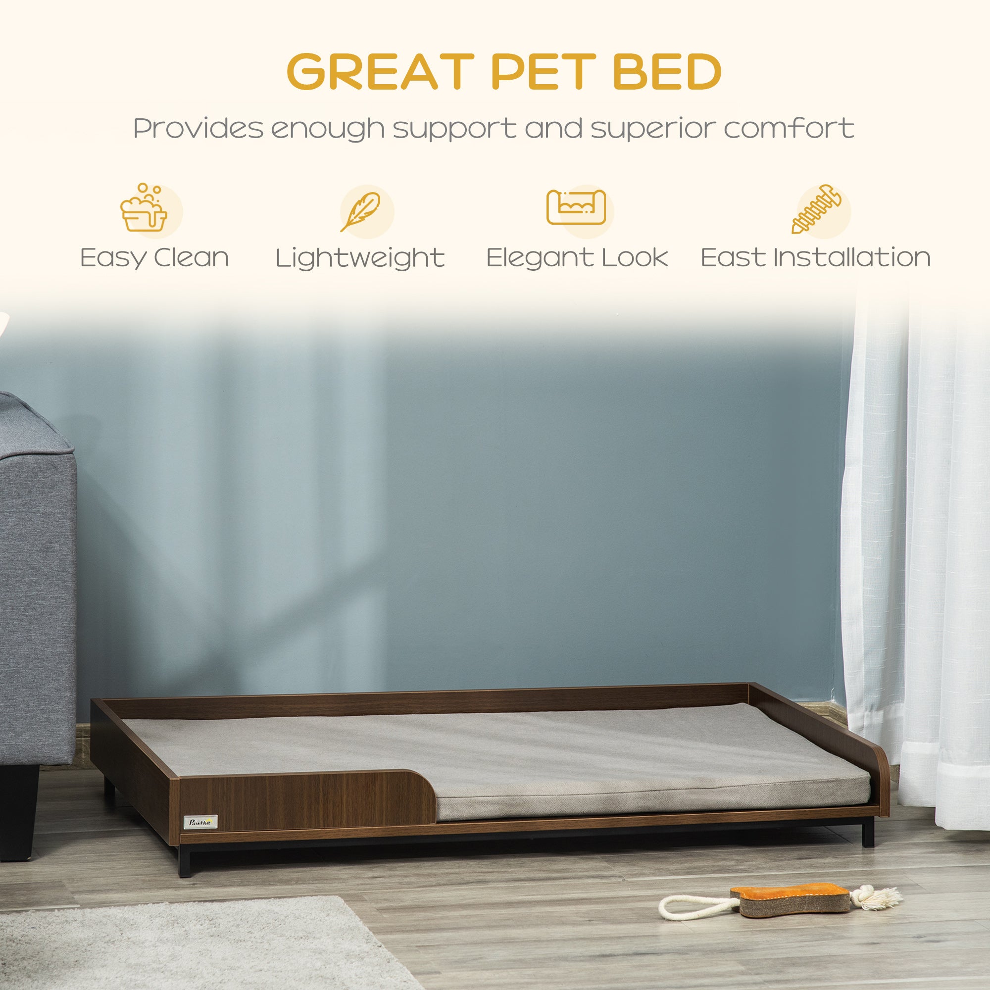 PawHut Elevated Dog Bed Frame, Furniture Style Pet Sofa, Modern Portable Cat Lounge, with Soft Cushion, Washable Cover, Steel Legs, for Large Dog, Brown