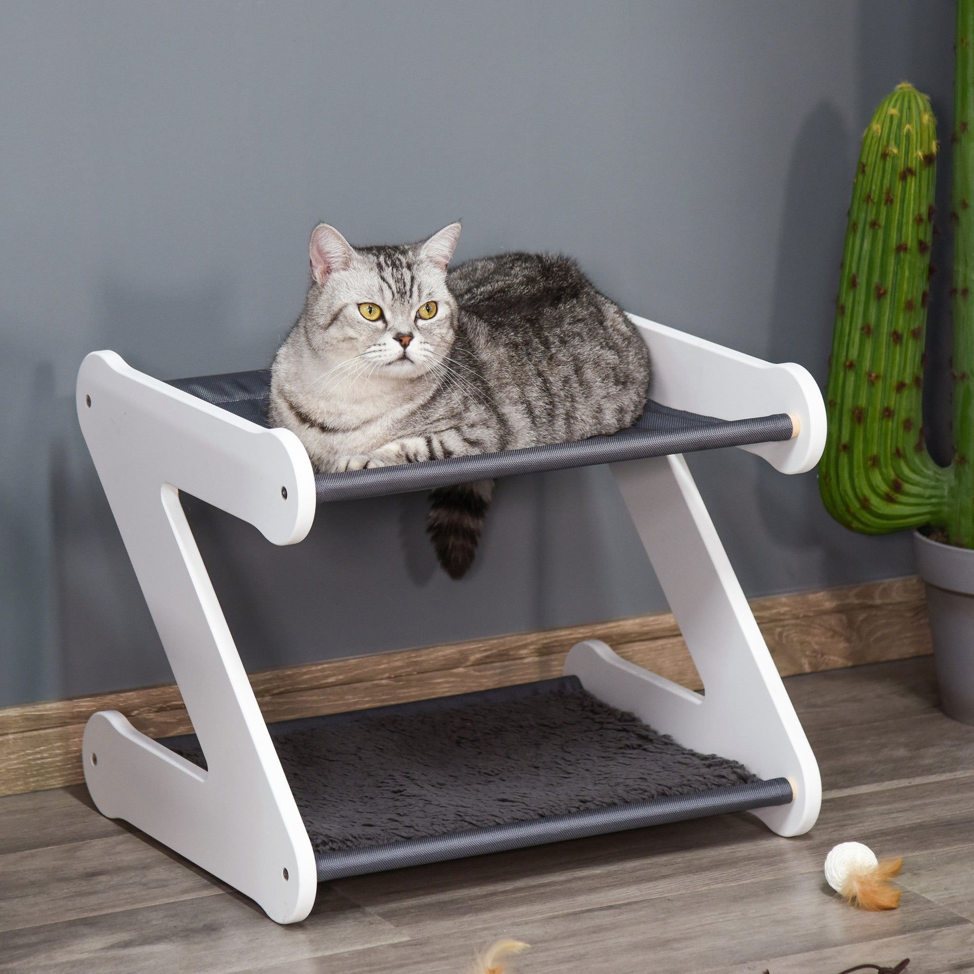 PawHut Two Tier Cat Bed for Indoor Living Room Pet Furniture Kitty Small Dog House Z Shaped with Padded and Plush Mat Grey
