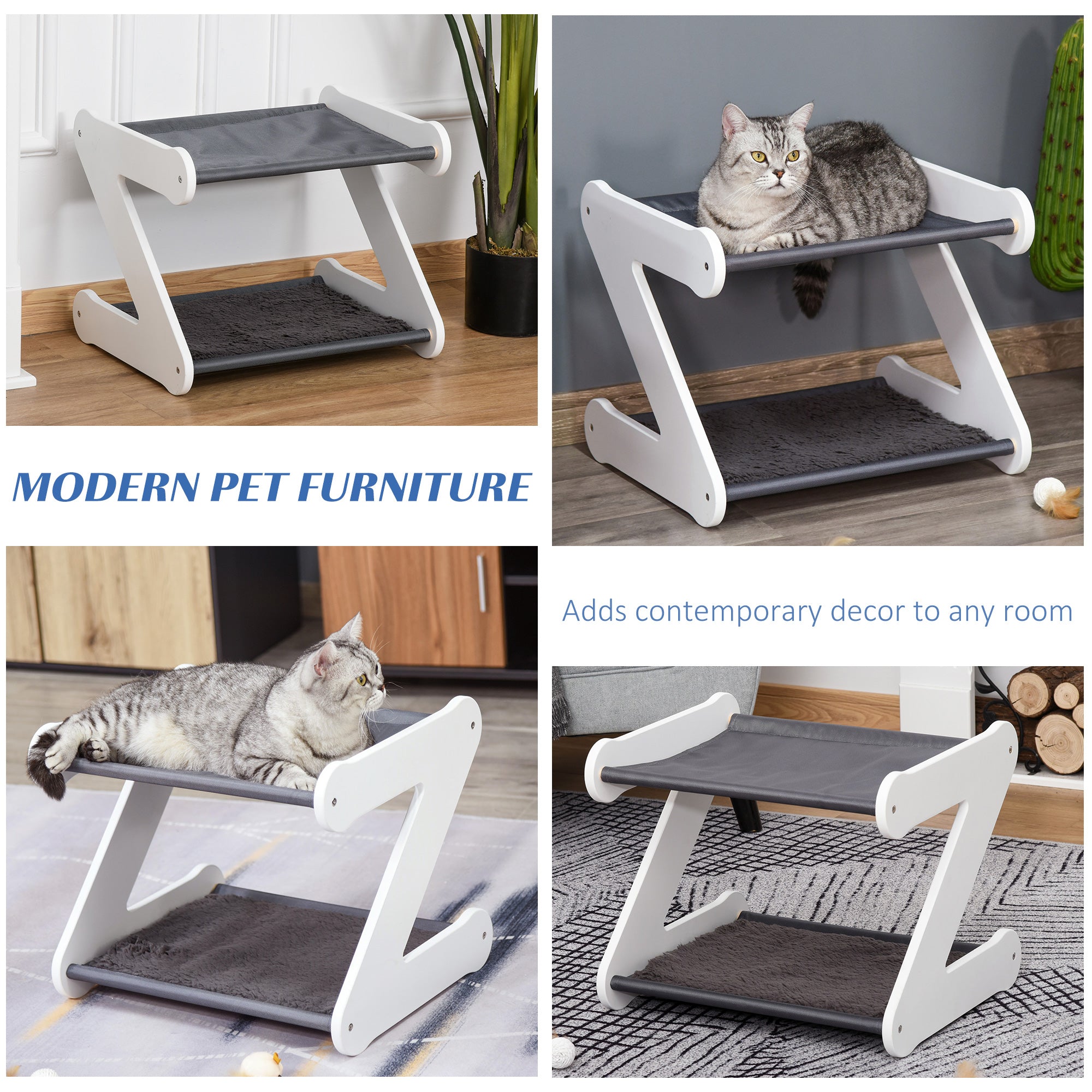 PawHut Two Tier Cat Bed for Indoor Living Room Pet Furniture Kitty Small Dog House Z Shaped with Padded and Plush Mat Grey