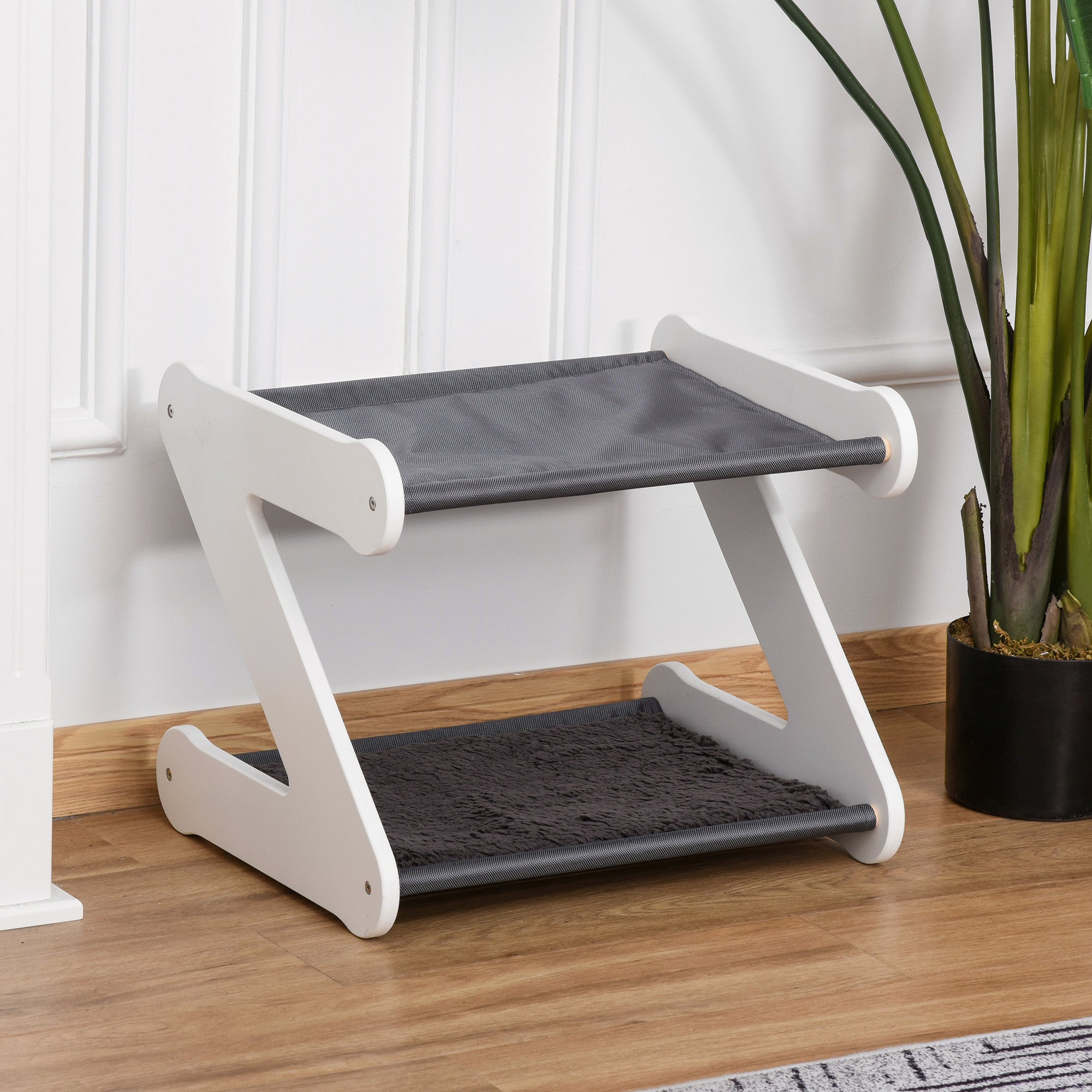 PawHut Two Tier Cat Bed for Indoor Living Room Pet Furniture Kitty Small Dog House Z Shaped with Padded and Plush Mat Grey