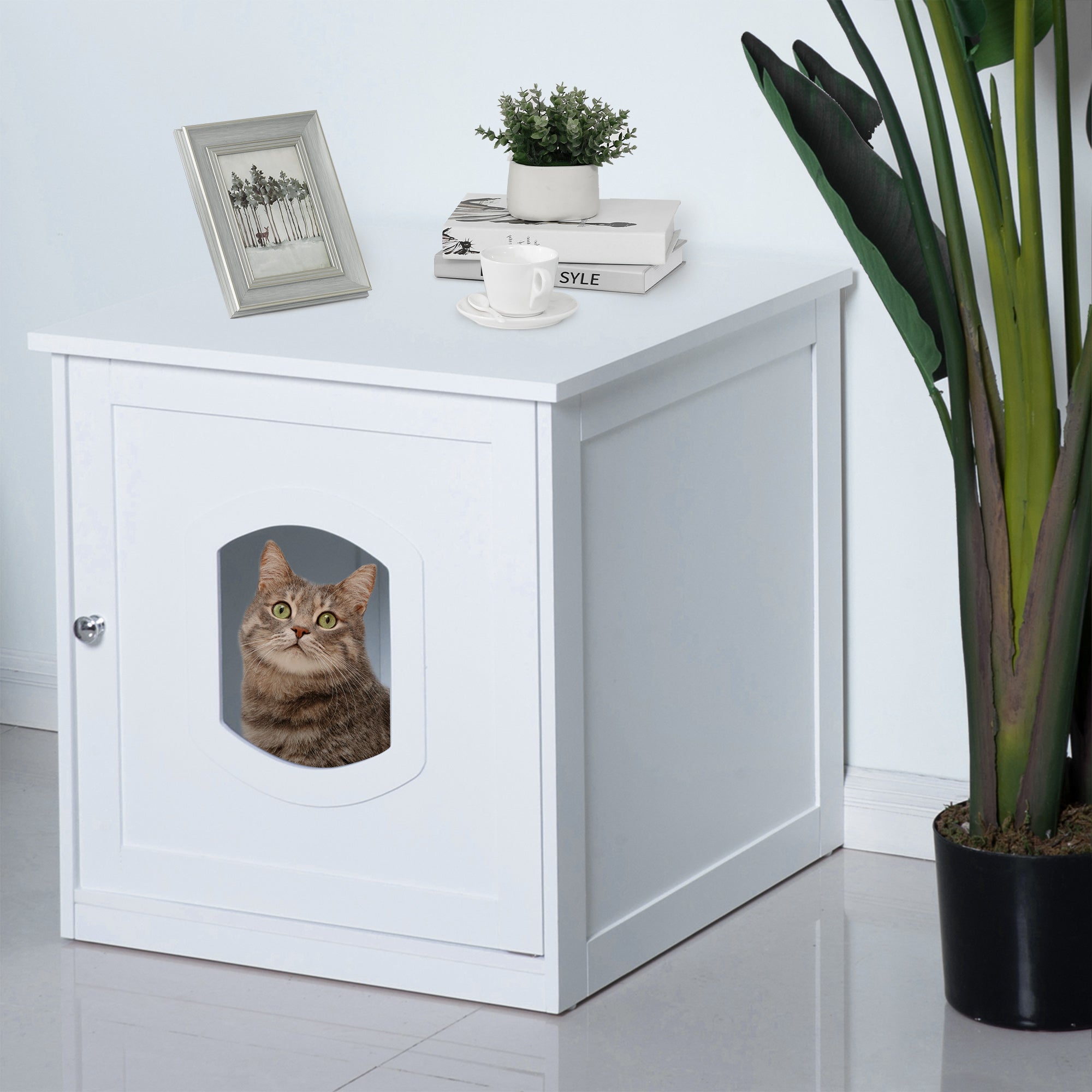 PawHut 2 in 1 Litter Box Enclosure Toilet Wooden Cat House Litter Tray Cover Pet Bed Home Furniture for Living Room Bedroom 51x51x50.5cm (White)