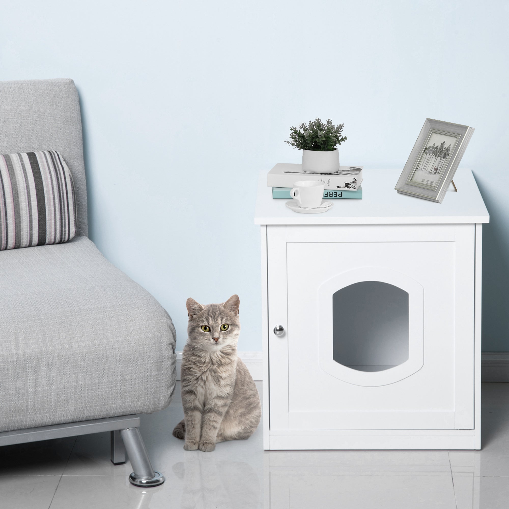 PawHut 2 in 1 Litter Box Enclosure Toilet Wooden Cat House Litter Tray Cover Pet Bed Home Furniture for Living Room Bedroom 51x51x50.5cm (White)