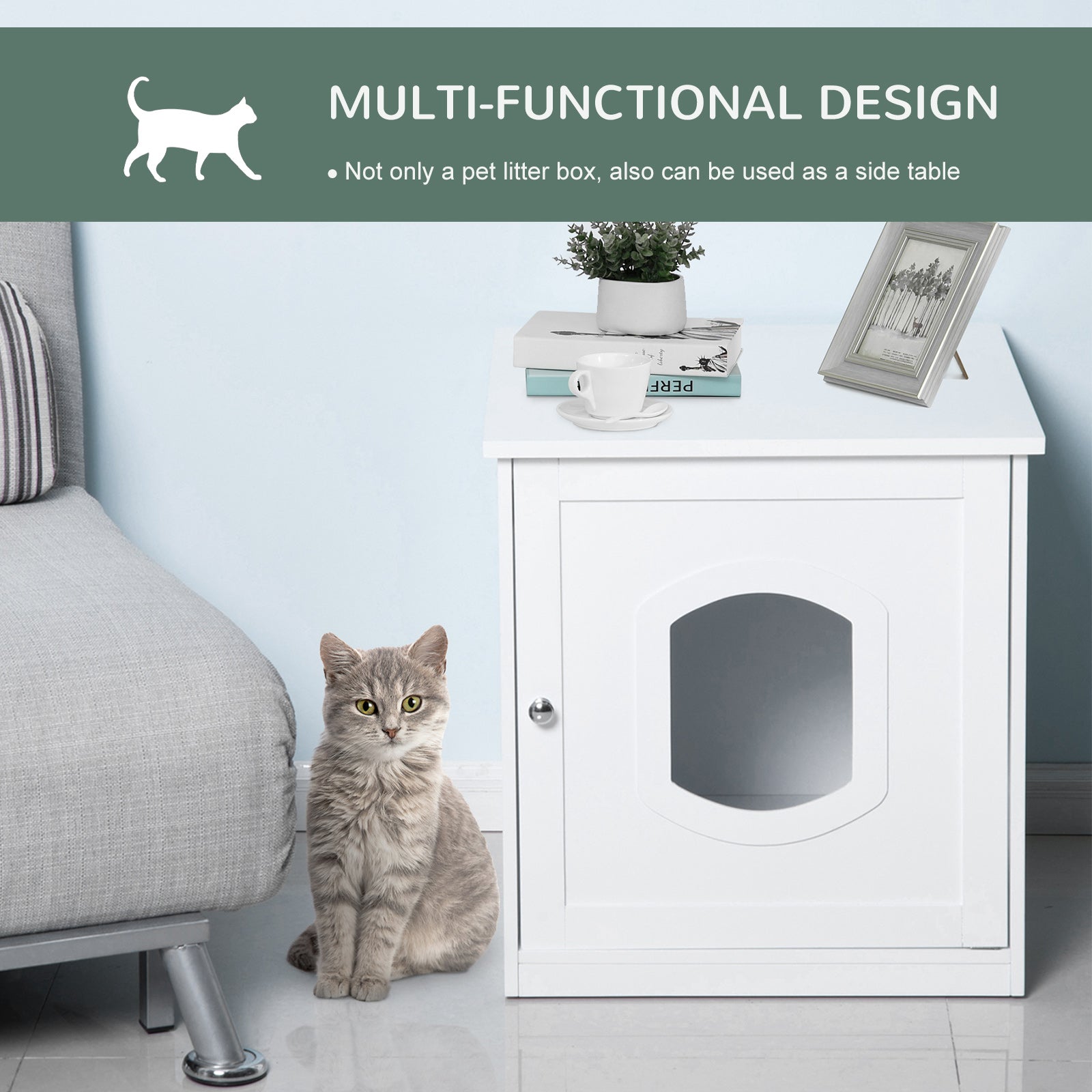 PawHut 2 in 1 Litter Box Enclosure Toilet Wooden Cat House Litter Tray Cover Pet Bed Home Furniture for Living Room Bedroom 51x51x50.5cm (White)