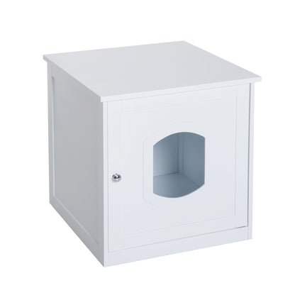 PawHut 2 in 1 Litter Box Enclosure Toilet Wooden Cat House Litter Tray Cover Pet Bed Home Furniture for Living Room Bedroom 51x51x50.5cm (White)