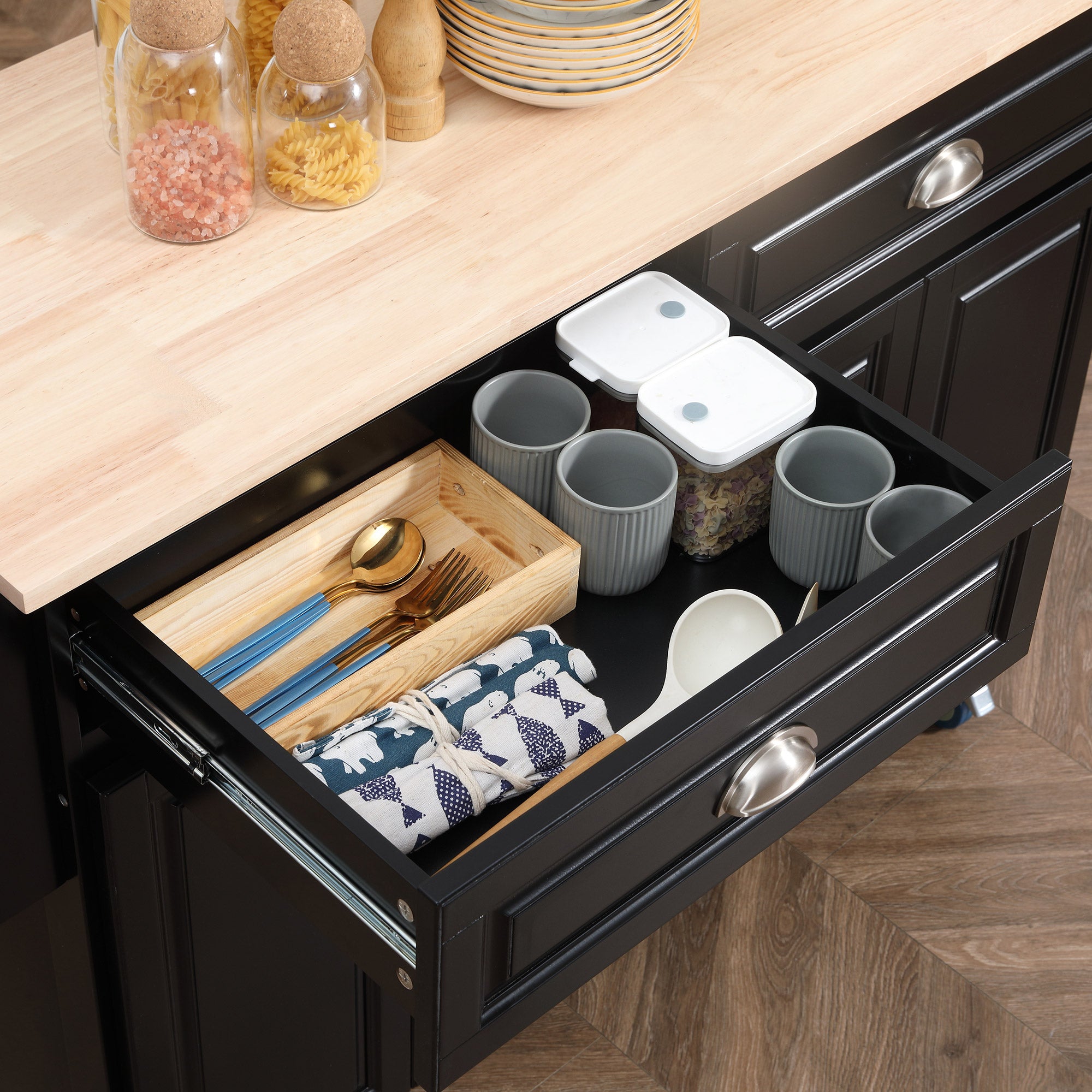 HOMCOM Kitchen Island with Storage, Rolling Kitchen Island with Drop Leaf, Solid Wood Top, 2 Drawers, 2 Cabinets, Adjustable Shelves and Knife Rack, Black