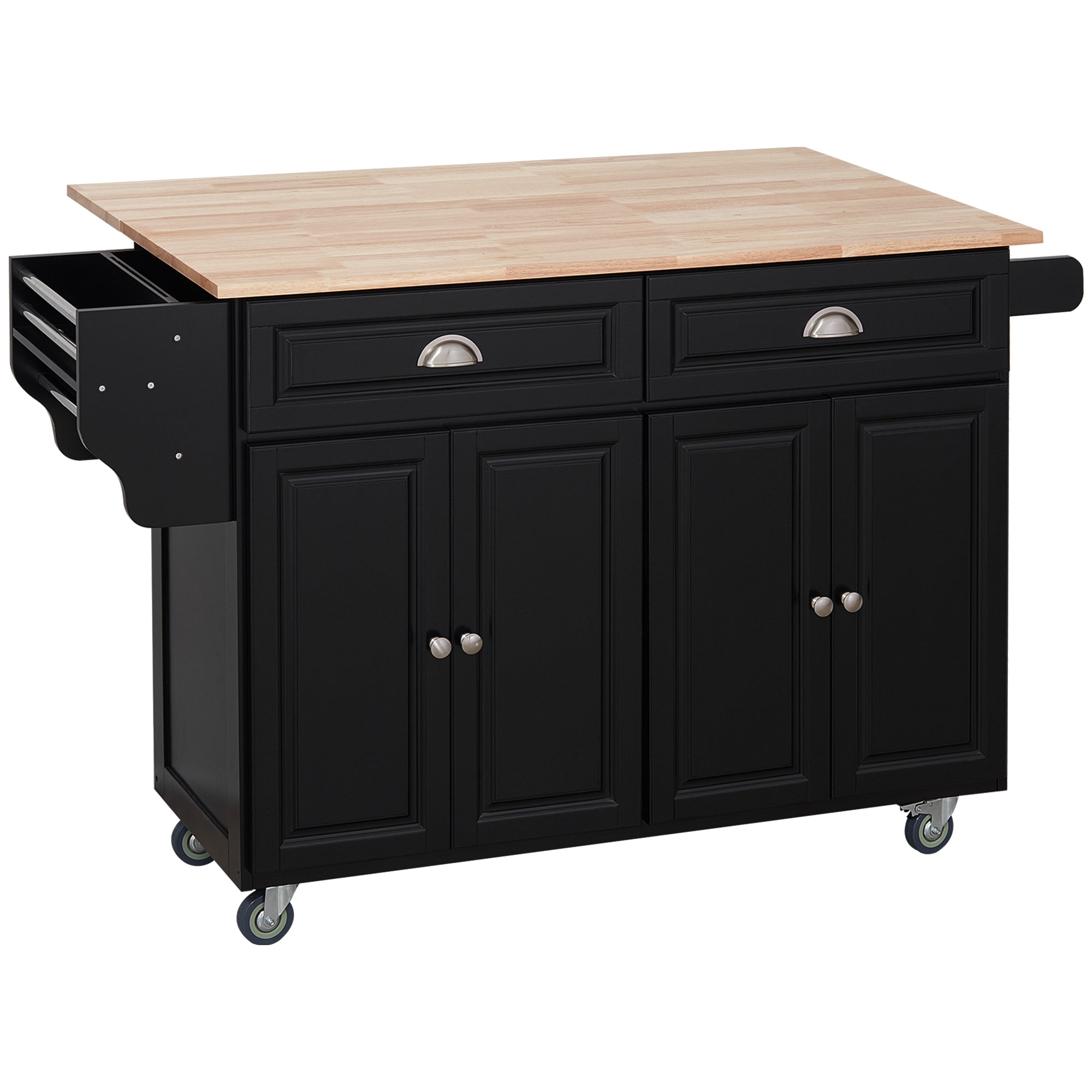 HOMCOM Kitchen Island with Storage, Rolling Kitchen Island with Drop Leaf, Solid Wood Top, 2 Drawers, 2 Cabinets, Adjustable Shelves and Knife Rack, Black