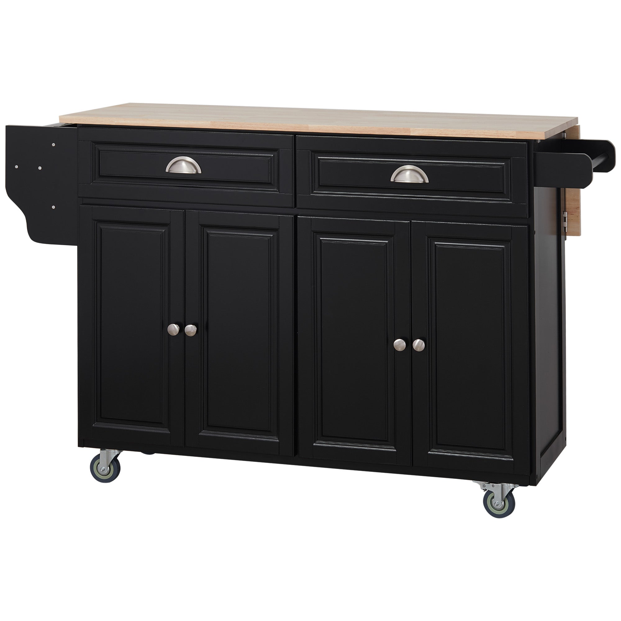 HOMCOM Kitchen Island with Storage, Rolling Kitchen Island with Drop Leaf, Solid Wood Top, 2 Drawers, 2 Cabinets, Adjustable Shelves and Knife Rack, Black