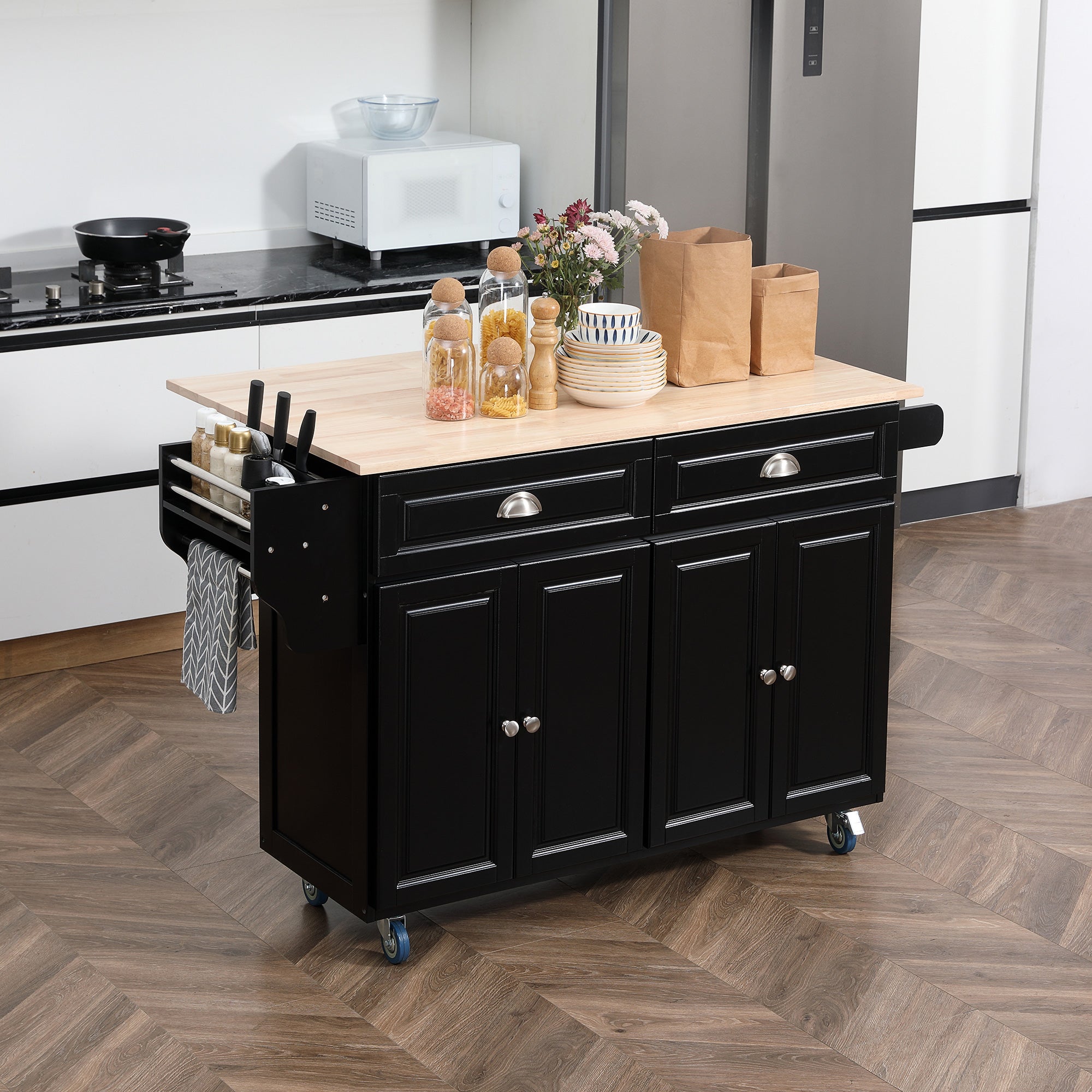 HOMCOM Kitchen Island with Storage, Rolling Kitchen Island with Drop Leaf, Solid Wood Top, 2 Drawers, 2 Cabinets, Adjustable Shelves and Knife Rack, Black