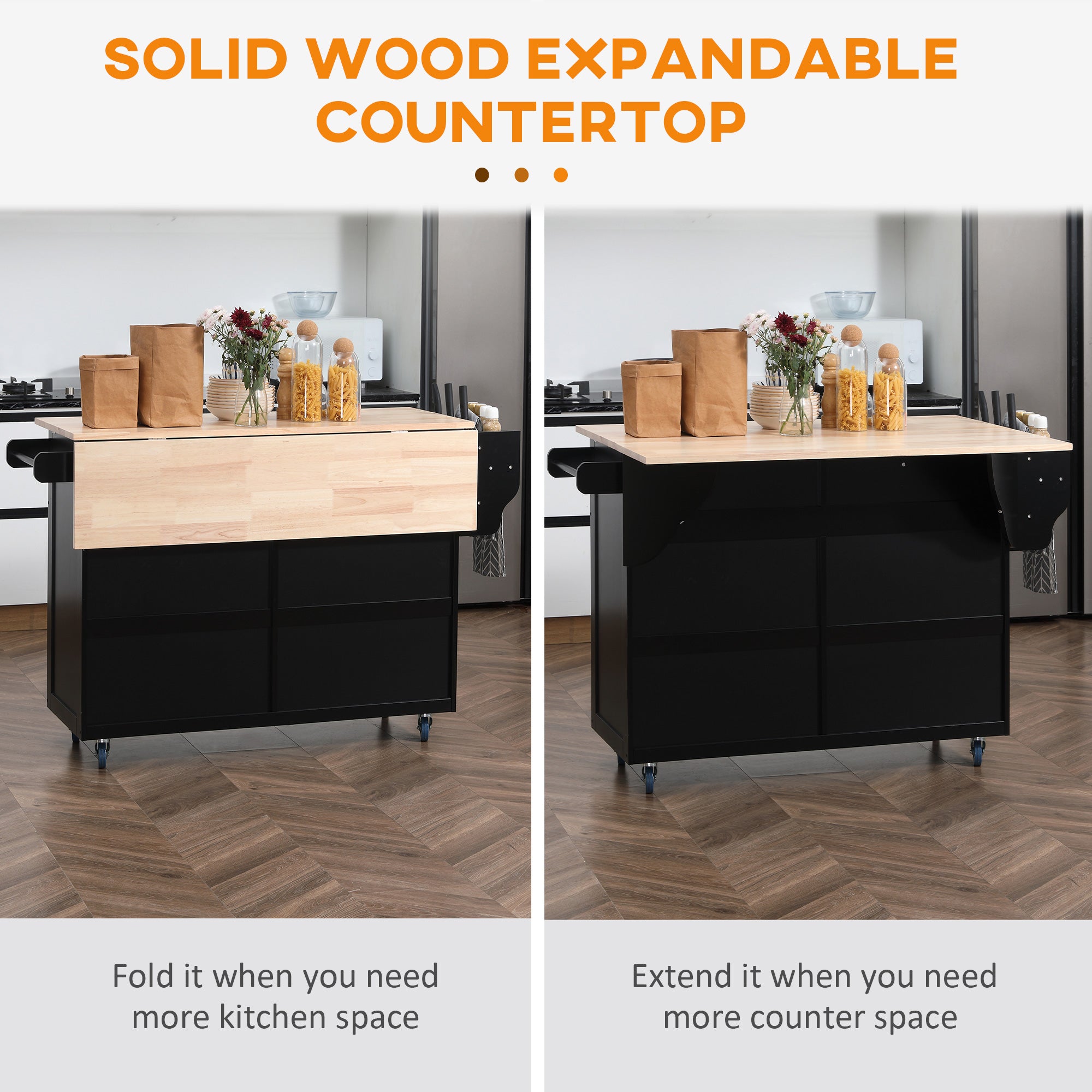 HOMCOM Kitchen Island with Storage, Rolling Kitchen Island with Drop Leaf, Solid Wood Top, 2 Drawers, 2 Cabinets, Adjustable Shelves and Knife Rack, Black