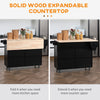 HOMCOM Kitchen Island with Storage, Rolling Kitchen Island with Drop Leaf, Solid Wood Top, 2 Drawers, 2 Cabinets, Adjustable Shelves and Knife Rack, Black