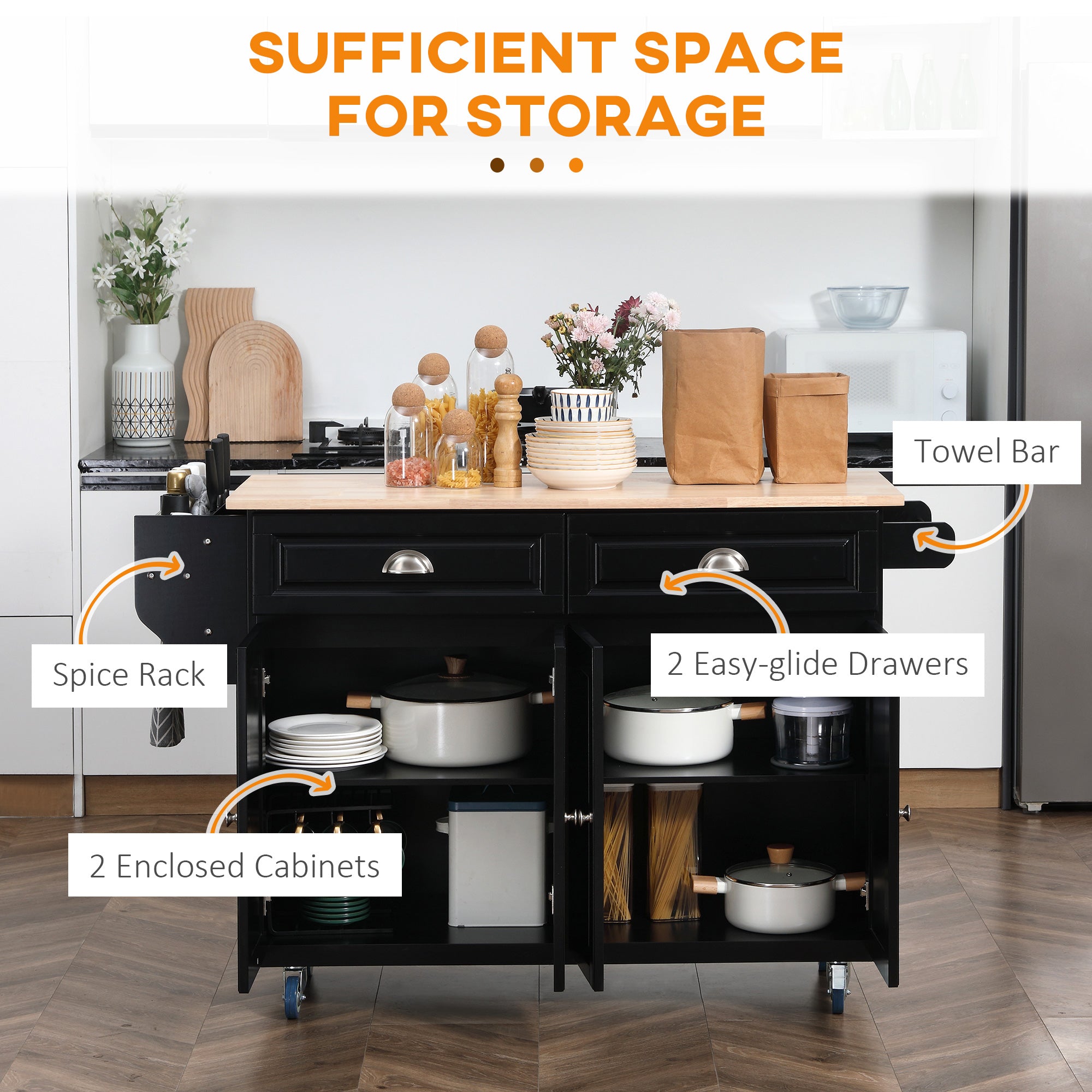 HOMCOM Kitchen Island with Storage, Rolling Kitchen Island with Drop Leaf, Solid Wood Top, 2 Drawers, 2 Cabinets, Adjustable Shelves and Knife Rack, Black