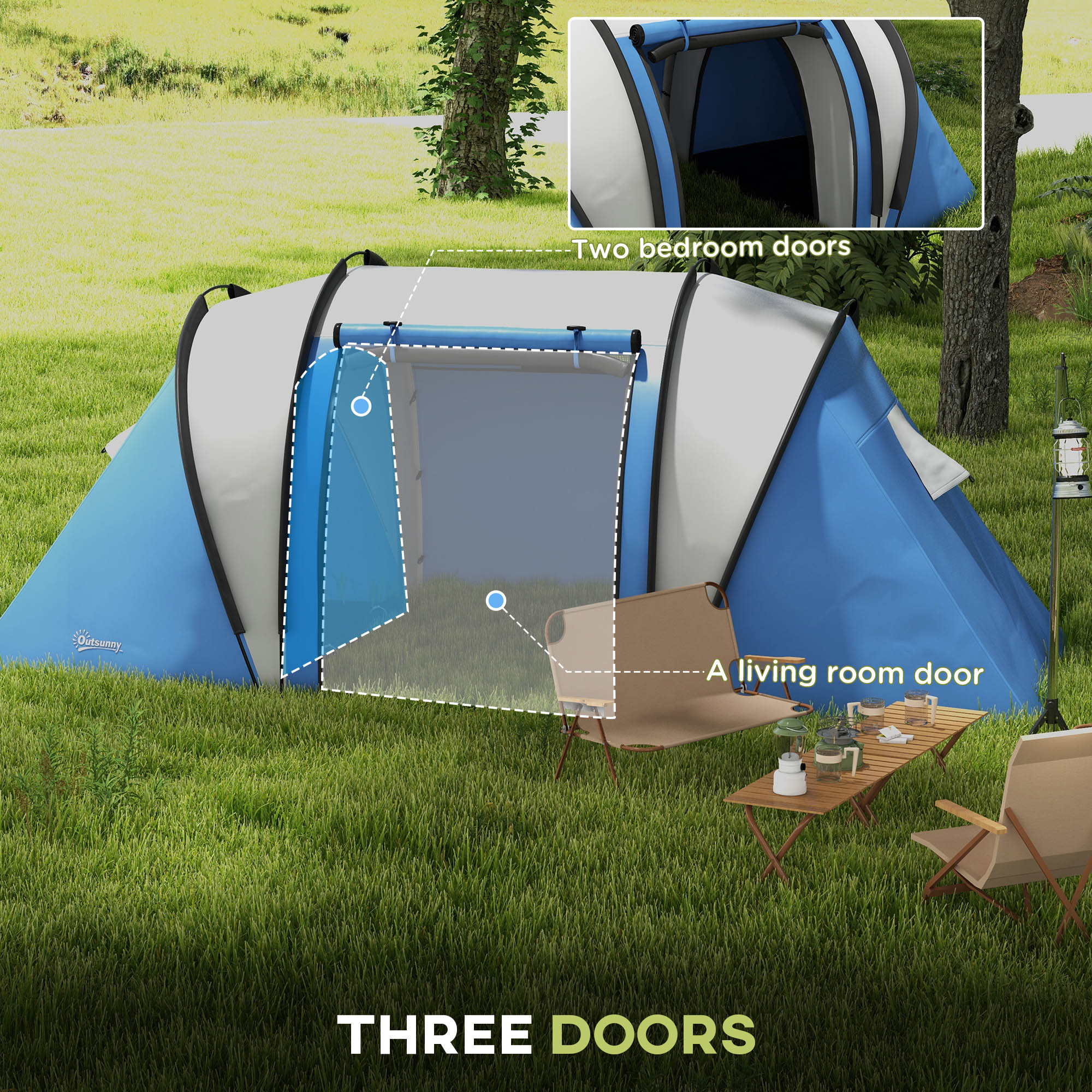Outsunny 4-5 Person Camping Tent with 2 Bedrooms, Living Area and Awning, 3000mm Waterproof Large Family Tent, Portable with Bag, for Fishing Hiking Festival, Blue