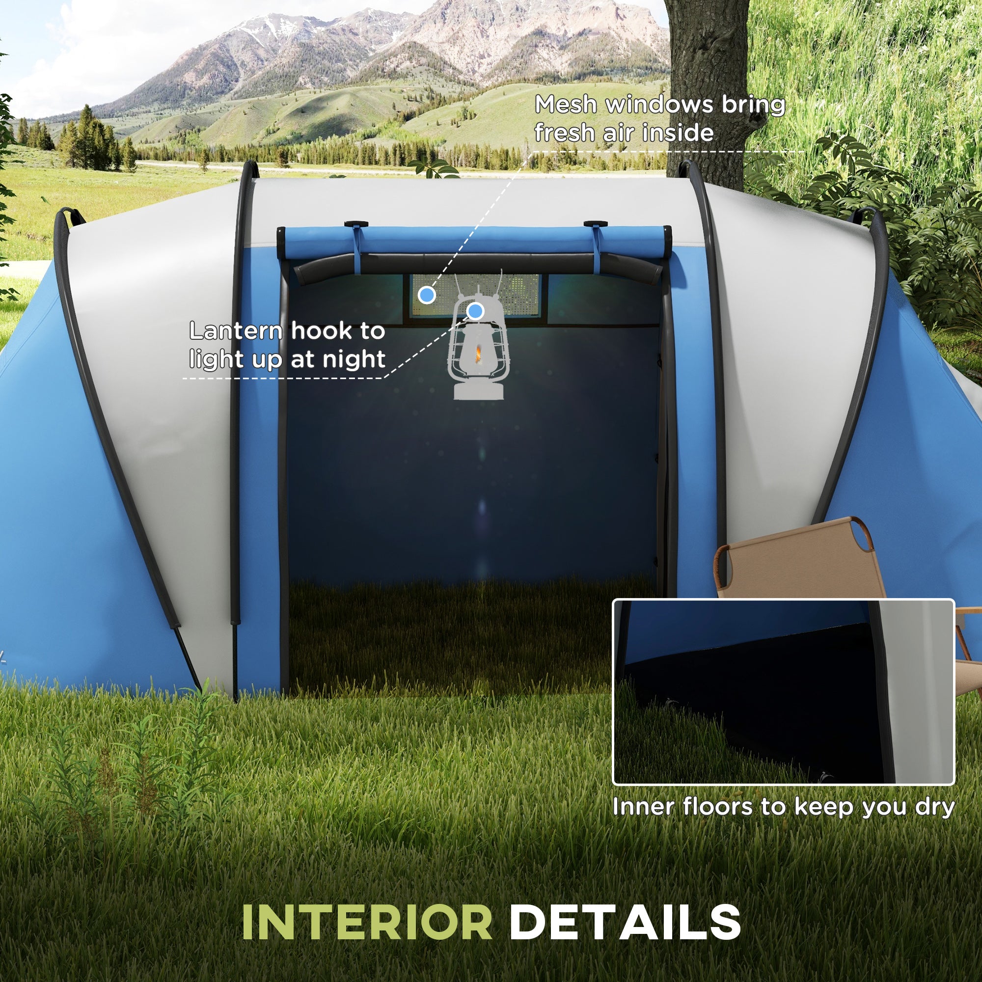 Outsunny 4-5 Person Camping Tent with 2 Bedrooms, Living Area and Awning, 3000mm Waterproof Large Family Tent, Portable with Bag, for Fishing Hiking Festival, Blue