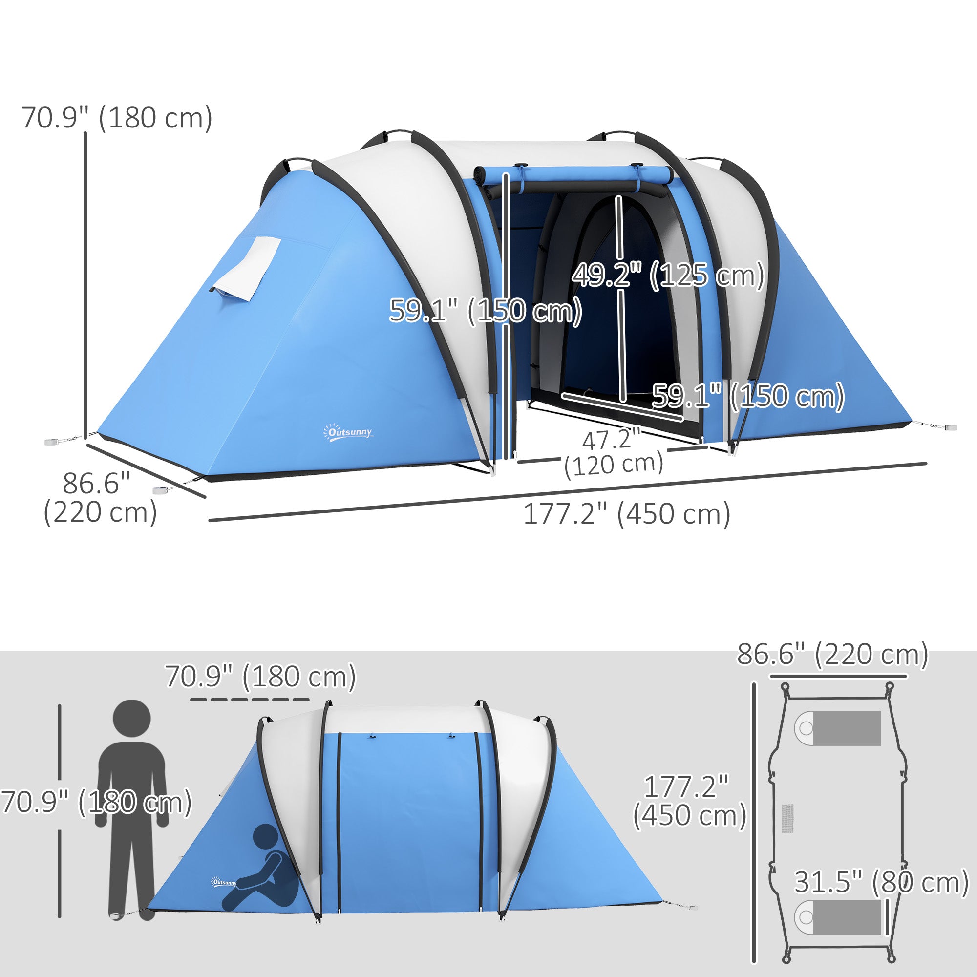 Outsunny 4-5 Person Camping Tent with 2 Bedrooms, Living Area and Awning, 3000mm Waterproof Large Family Tent, Portable with Bag, for Fishing Hiking Festival, Blue