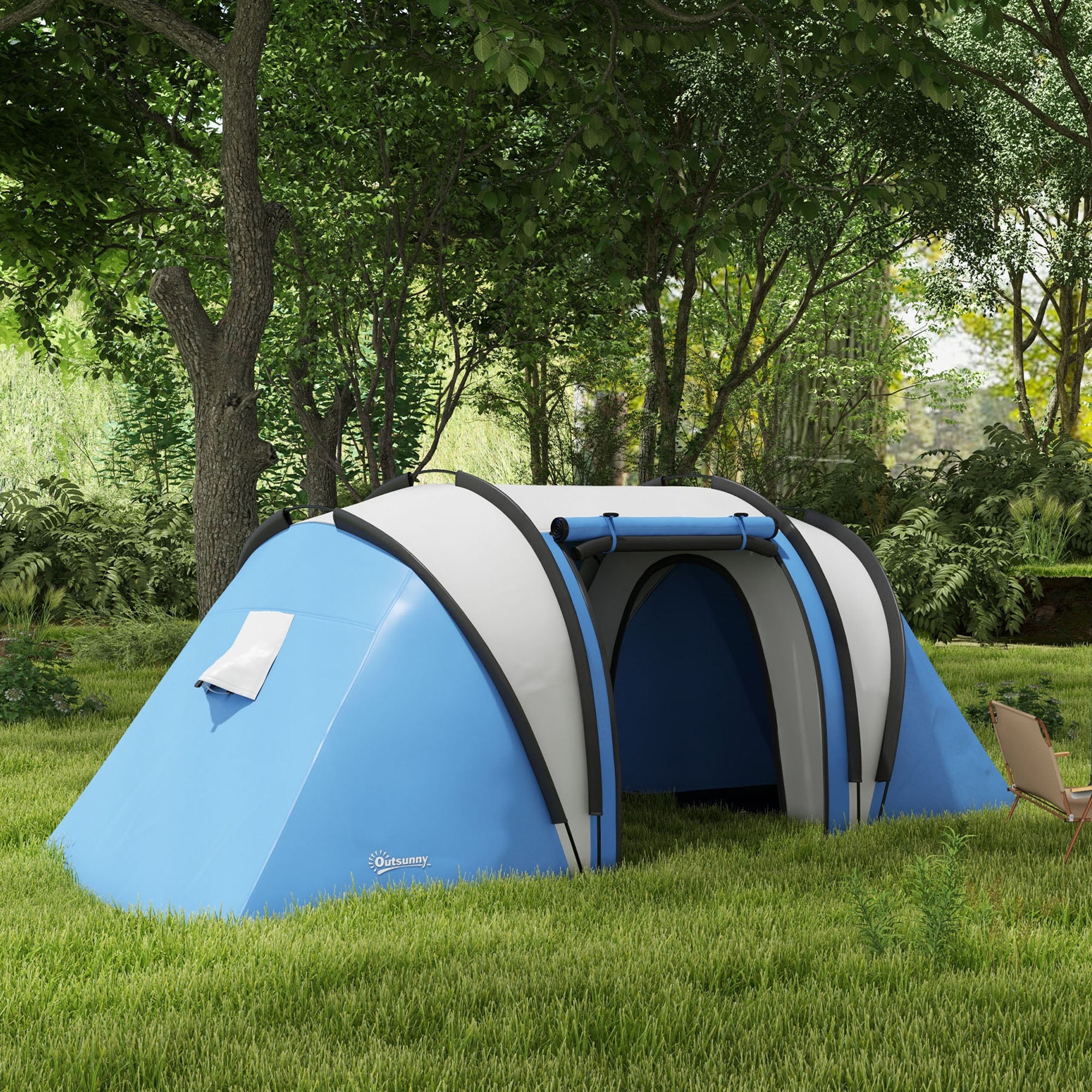 Outsunny 4-5 Person Camping Tent with 2 Bedrooms, Living Area and Awning, 3000mm Waterproof Large Family Tent, Portable with Bag, for Fishing Hiking Festival, Blue