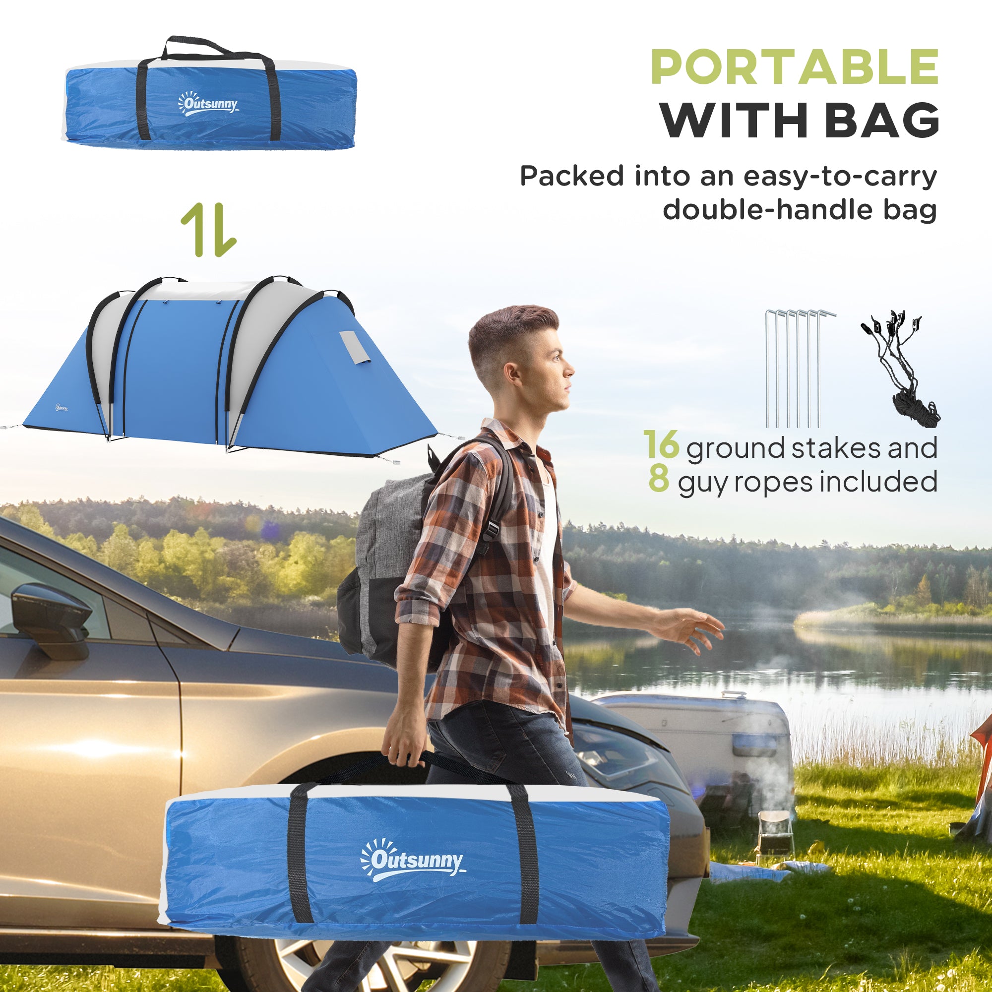 Outsunny 4-5 Person Camping Tent with 2 Bedrooms, Living Area and Awning, 3000mm Waterproof Large Family Tent, Portable with Bag, for Fishing Hiking Festival, Blue