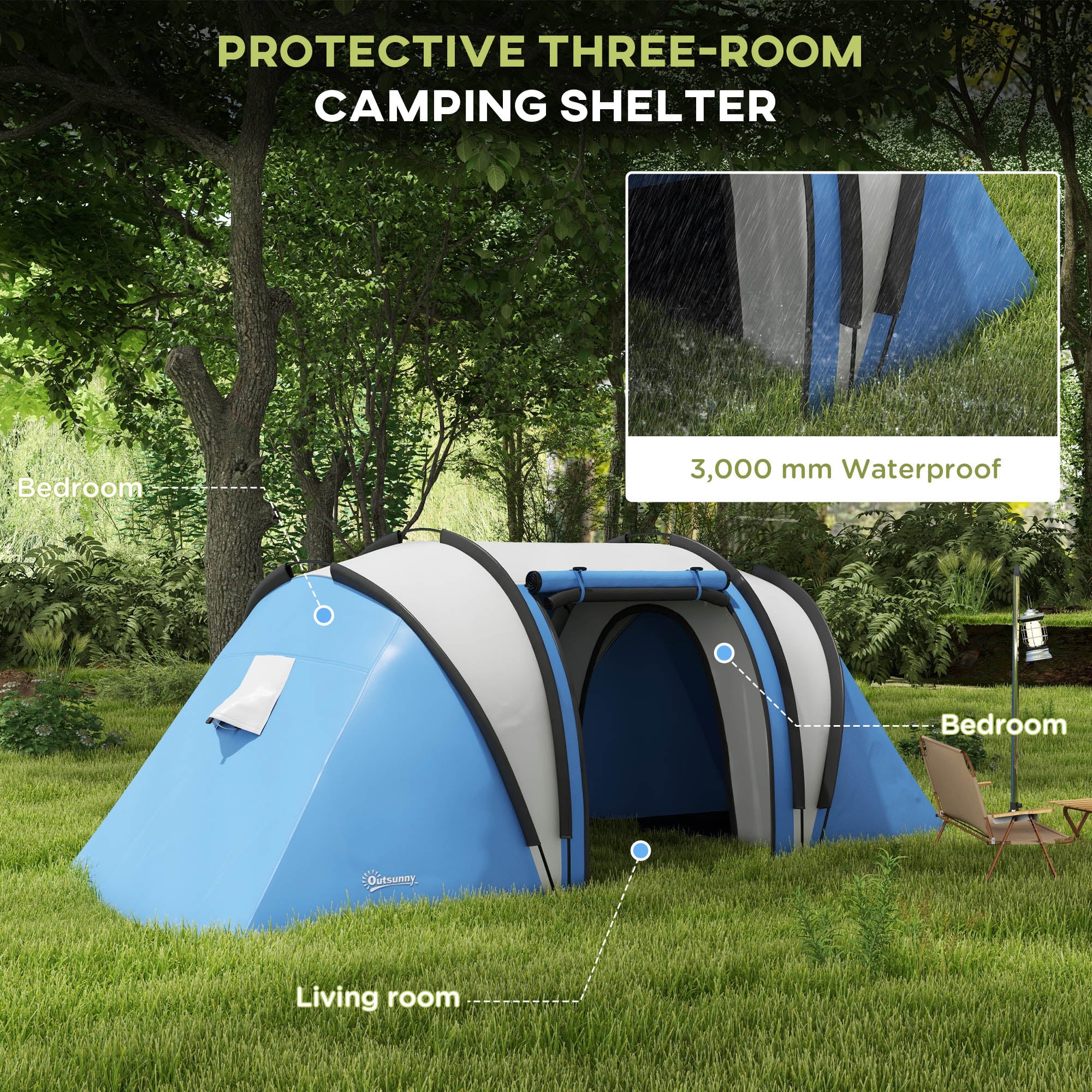 Outsunny 4-5 Person Camping Tent with 2 Bedrooms, Living Area and Awning, 3000mm Waterproof Large Family Tent, Portable with Bag, for Fishing Hiking Festival, Blue