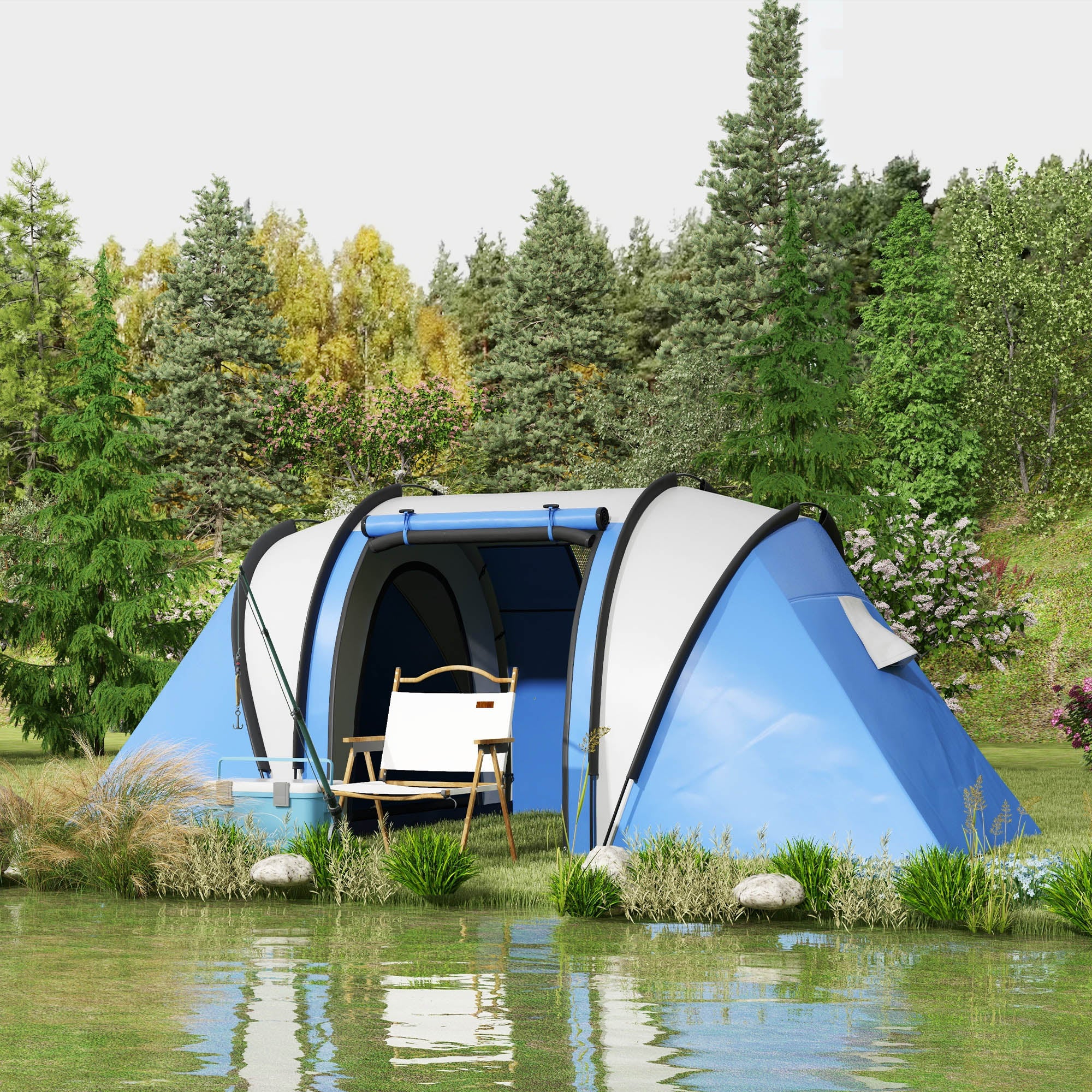 Outsunny 4-5 Person Camping Tent with 2 Bedrooms, Living Area and Awning, 3000mm Waterproof Large Family Tent, Portable with Bag, for Fishing Hiking Festival, Blue