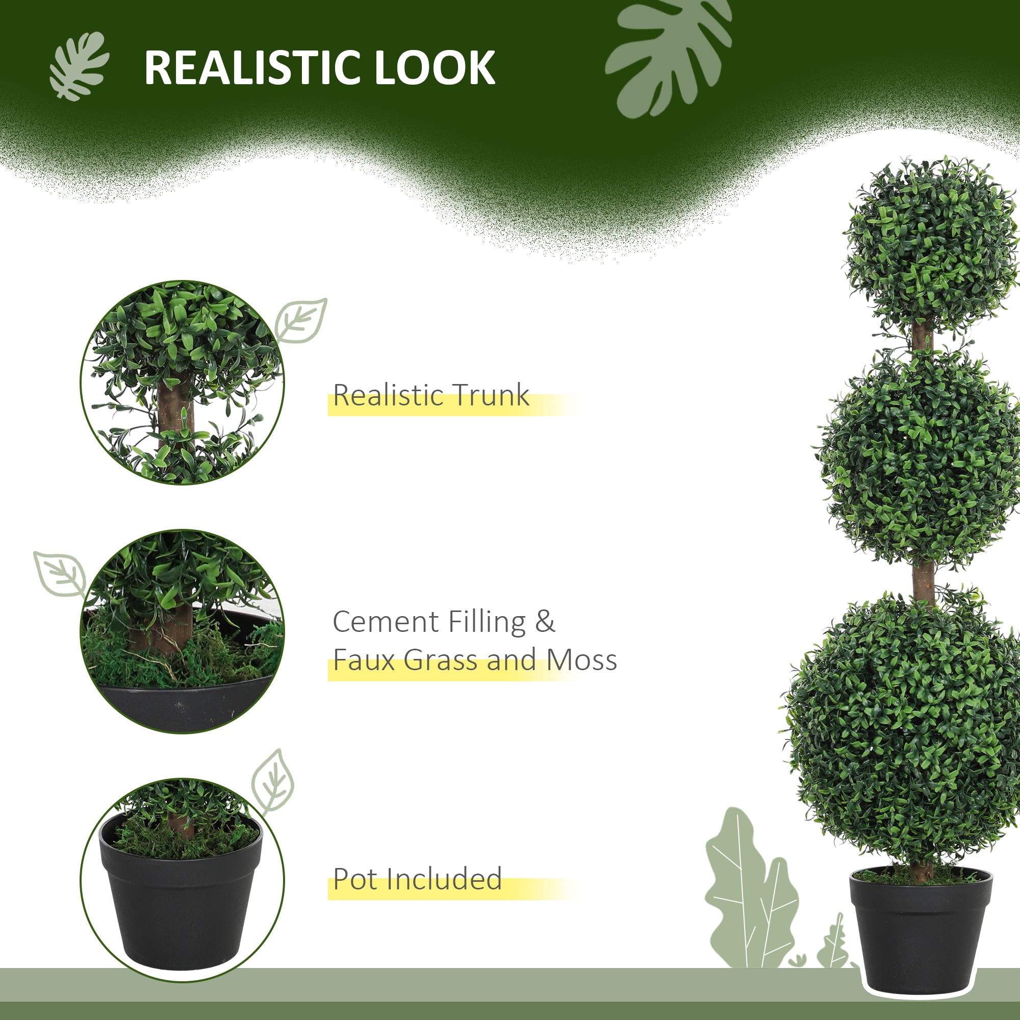 HOMCOM 2 Pack Decorative Artificial Plants, Topiary Ball-shaped Boxwood Trees in Pot, Fake Plants for Home Indoor outdoor Decor, 40 Inch, Green