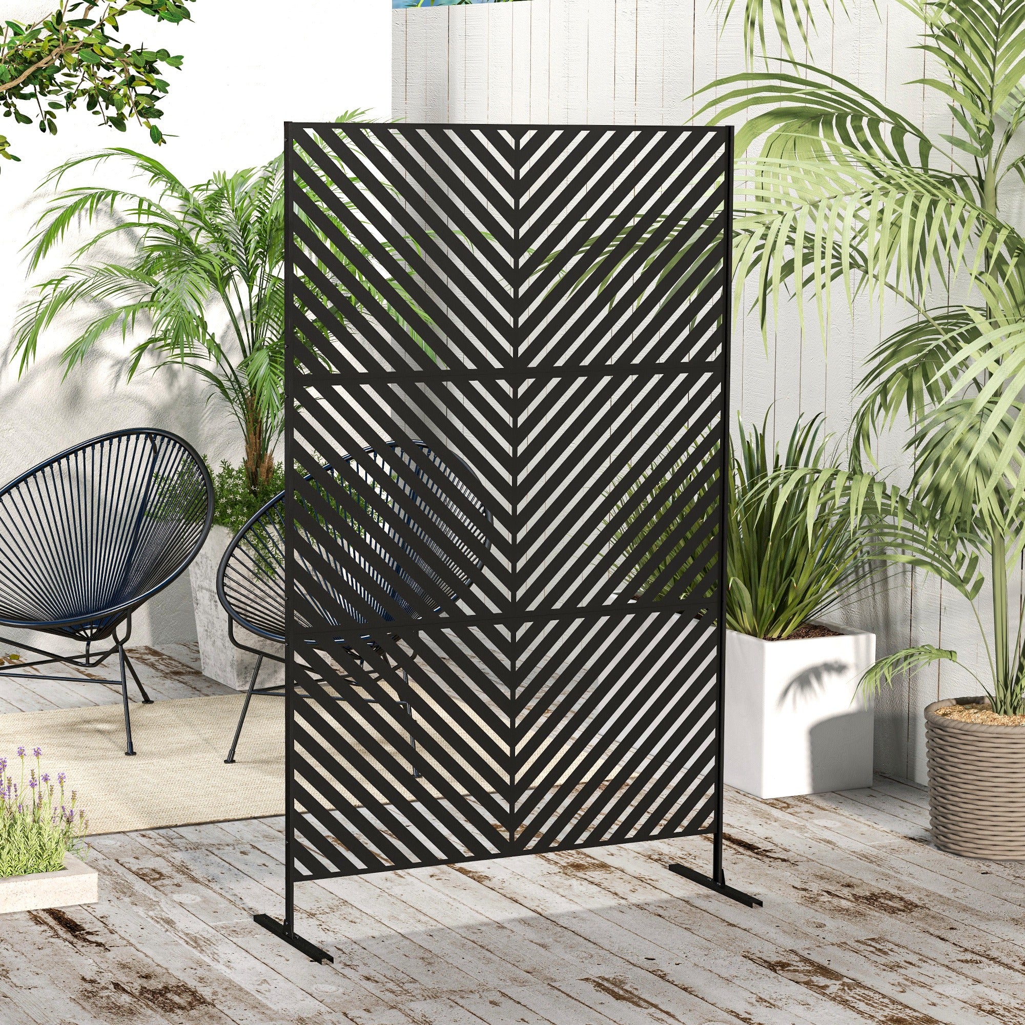 Outsunny Metal Outdoor Privacy Screen, Decorative Outdoor Divider with Stand and Expansion Screws, Freestanding Privacy Panel for Garden, Backyard, Deck, Pool, Triangle Style