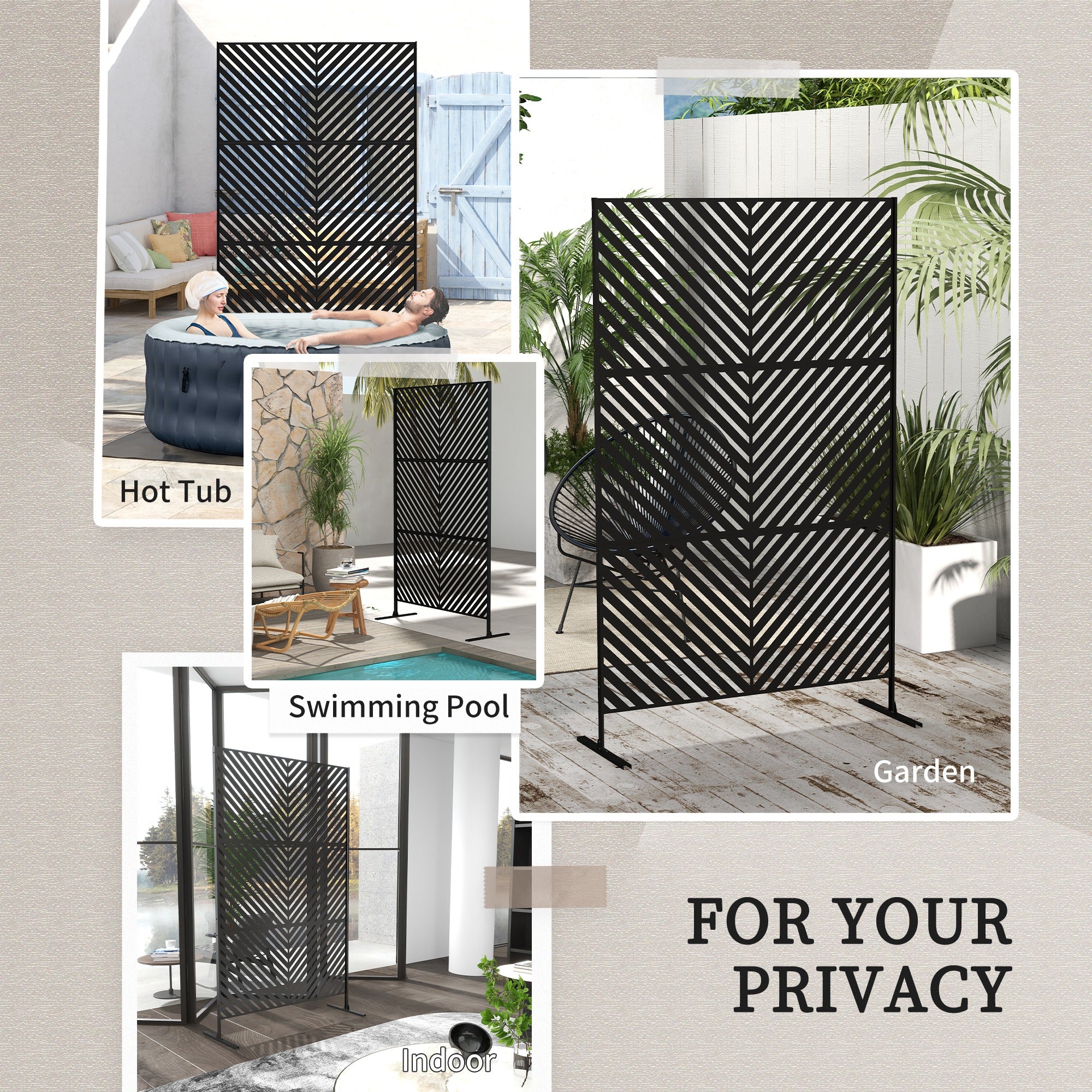 Outsunny Metal Outdoor Privacy Screen, Decorative Outdoor Divider with Stand and Expansion Screws, Freestanding Privacy Panel for Garden, Backyard, Deck, Pool, Triangle Style