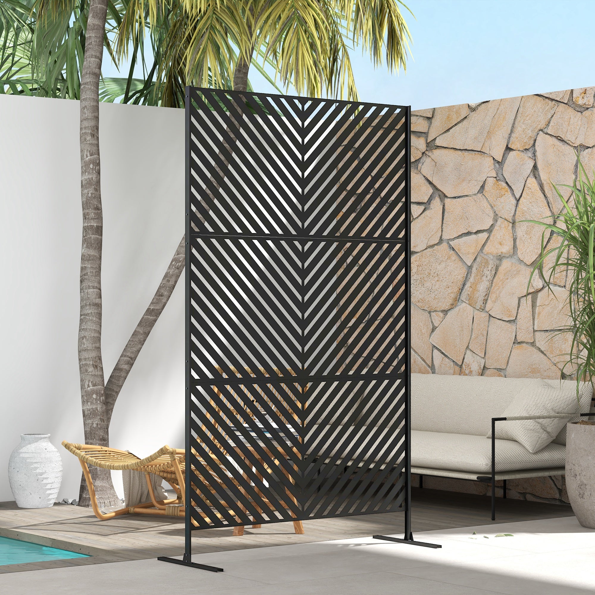 Outsunny Metal Outdoor Privacy Screen, Decorative Outdoor Divider with Stand and Expansion Screws, Freestanding Privacy Panel for Garden, Backyard, Deck, Pool, Triangle Style