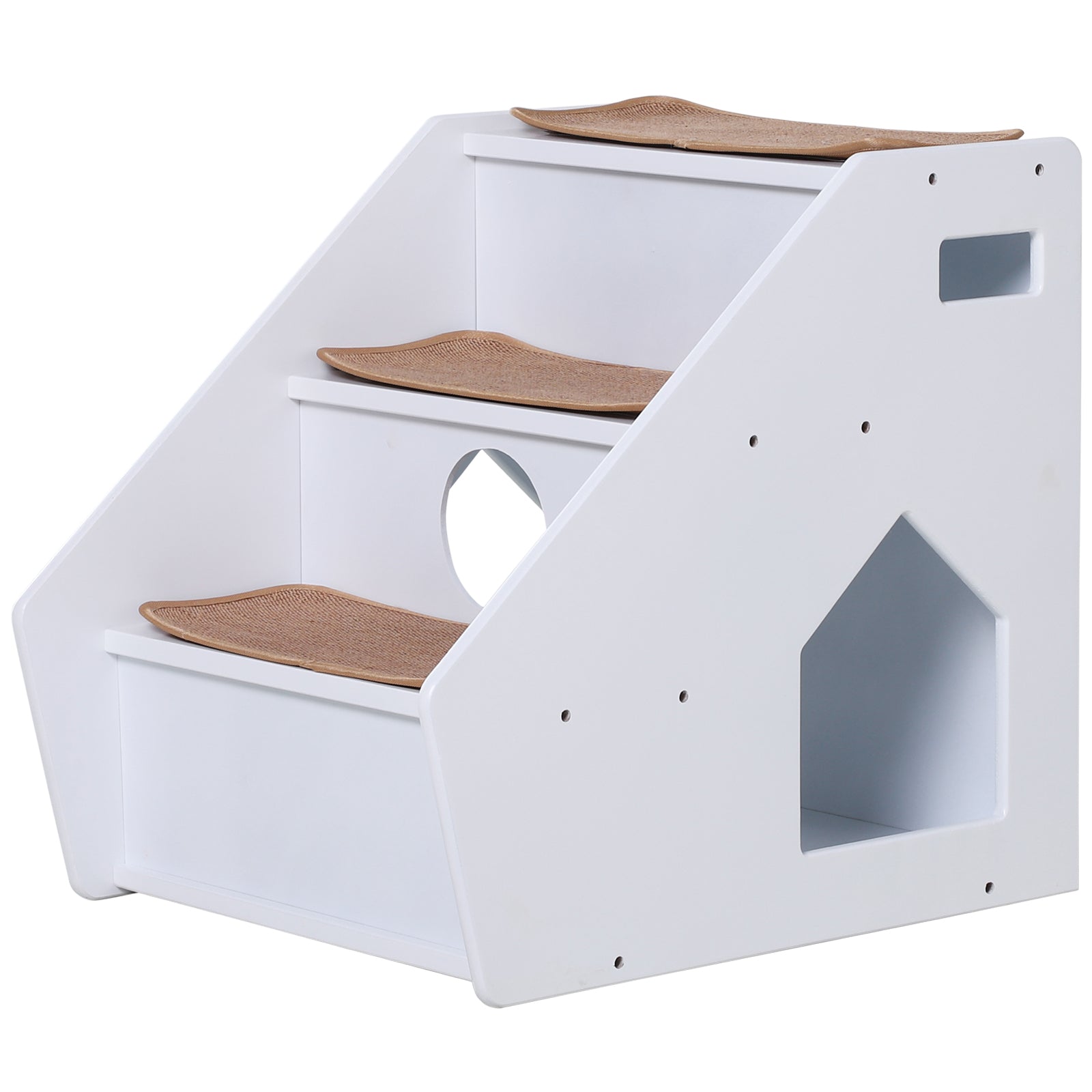 PawHut 3-Step Pet Stairs for Dogs and Cats with Built-in House and Nonslip Carpet, White