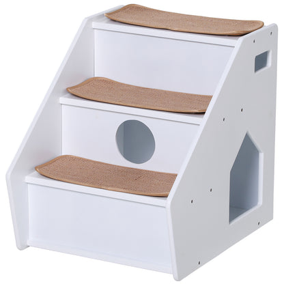 PawHut 3-Step Pet Stairs for Dogs and Cats with Built-in House and Nonslip Carpet, White