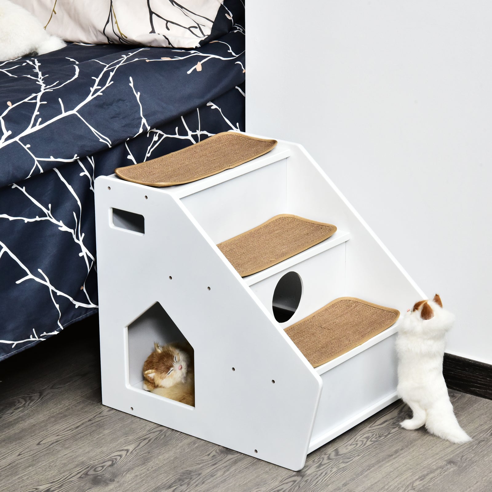 PawHut 3-Step Pet Stairs for Dogs and Cats with Built-in House and Nonslip Carpet, White