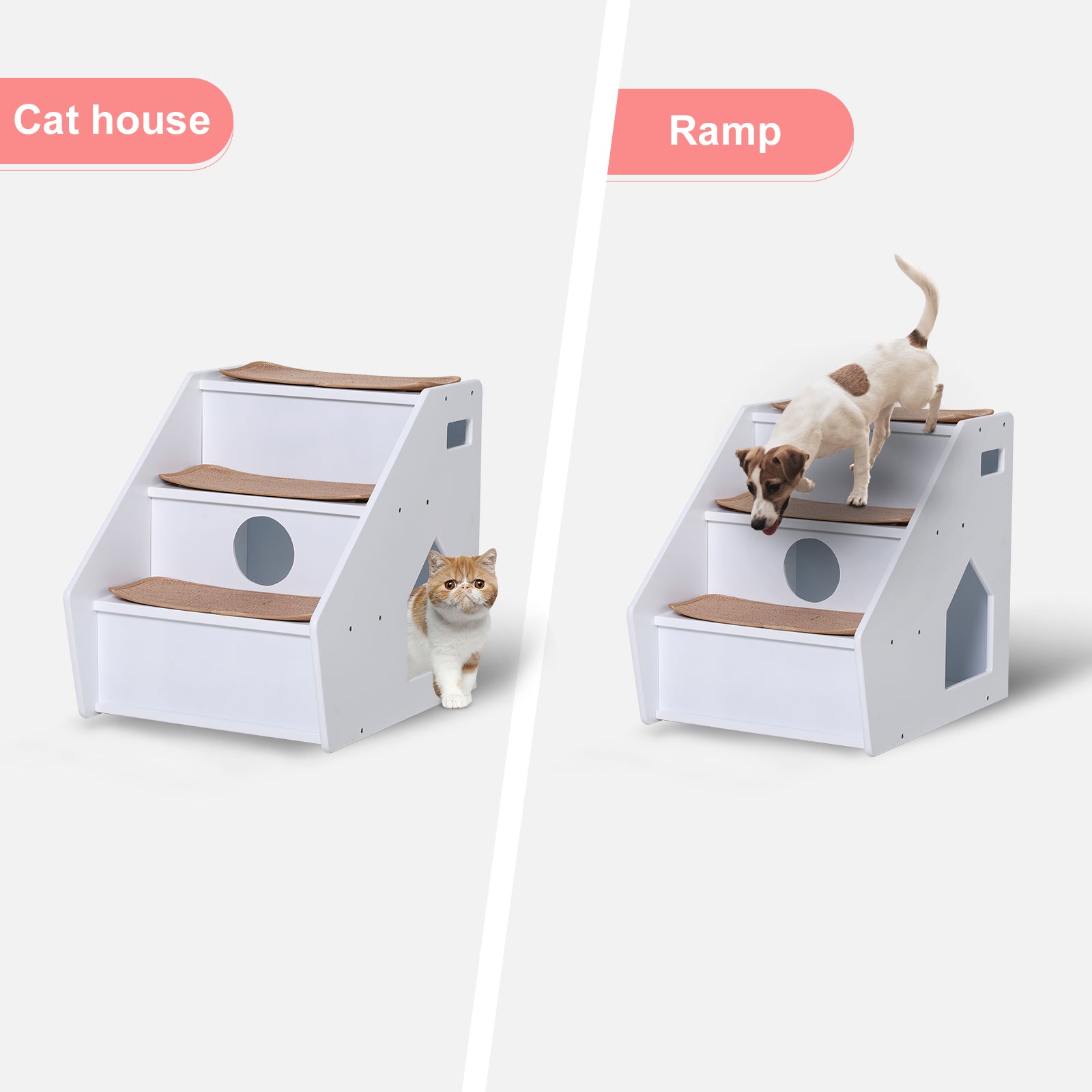 PawHut 3-Step Pet Stairs for Dogs and Cats with Built-in House and Nonslip Carpet, White