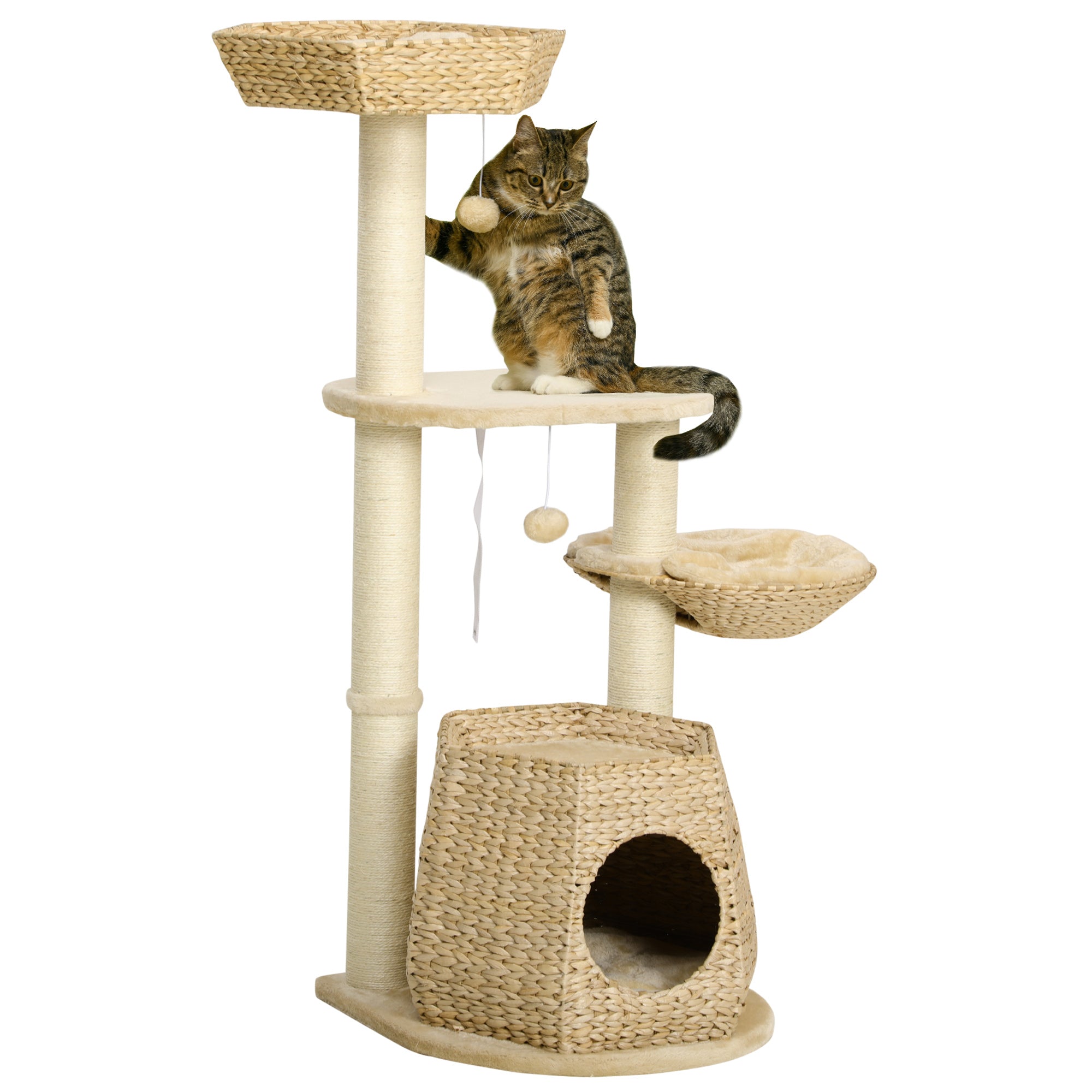 PawHut Cat Tree, 47" Cat Tower for Indoor Cats with Cattail Fluff Cat Condo, Cat Beds, Jumping Platform, Scratching Posts, Hanging Toy Ball, Natural