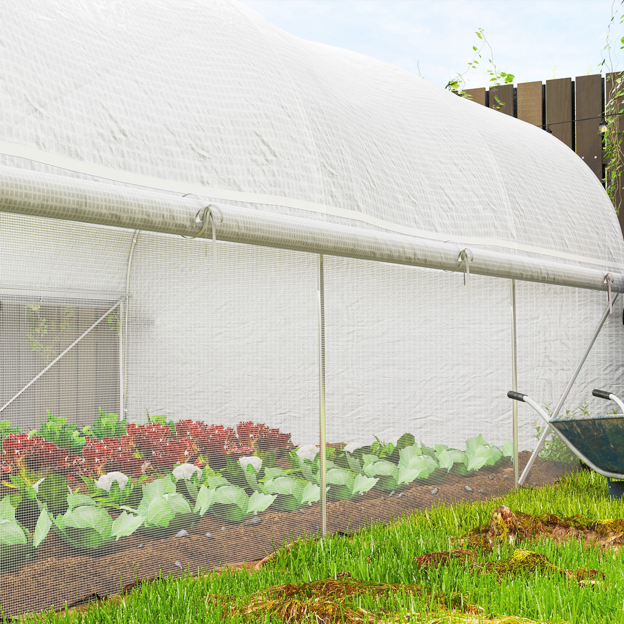 Outsunny 19.5' x 10' x 6.6' Walk-in Tunnel Greenhouse with Roll-up Mesh Sidewalls, Mesh Door, 8 Windows, Outdoor Green House Plant Hot House Tent with Galvanized Steel Frame, White