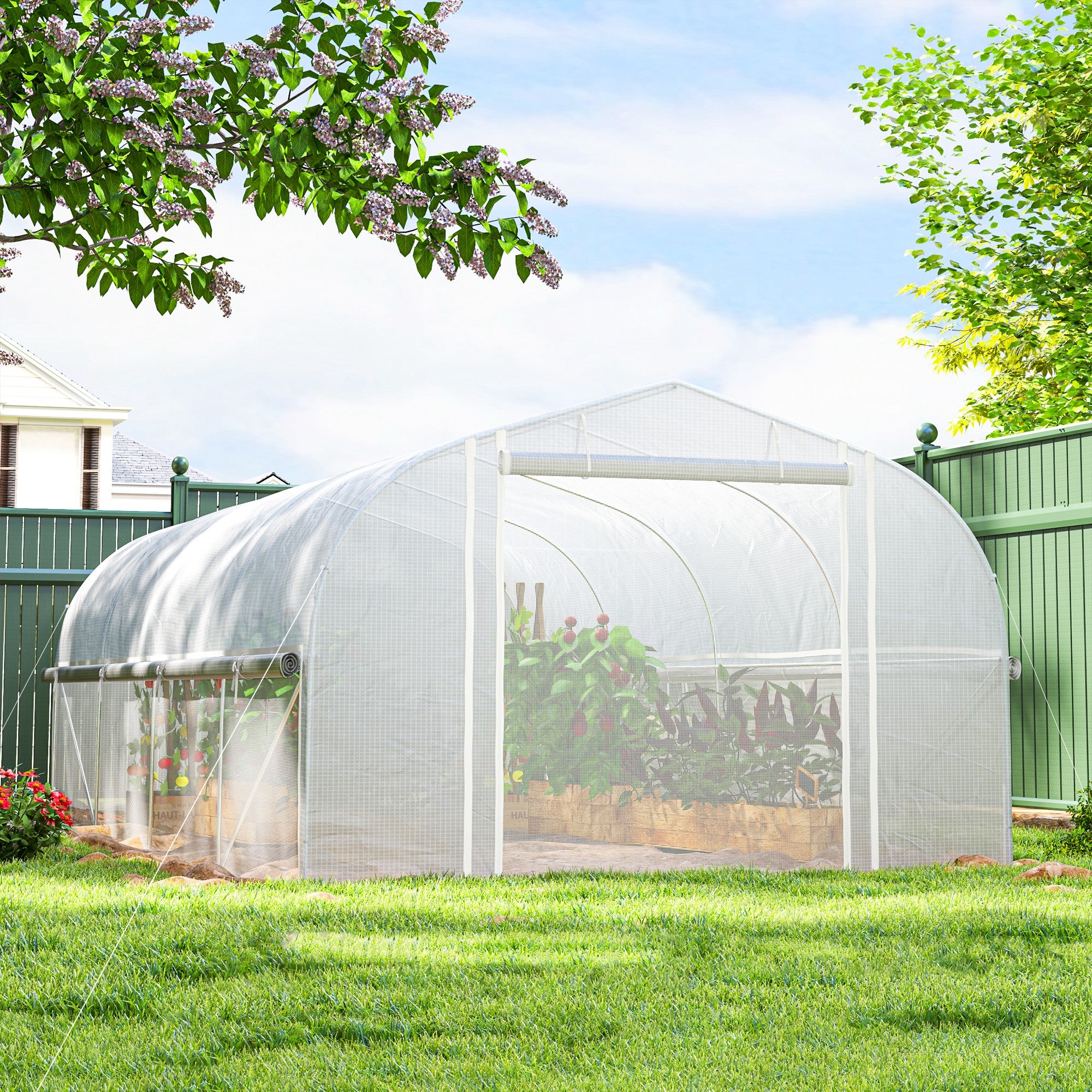 Outsunny 19.5' x 10' x 6.6' Walk-in Tunnel Greenhouse with Roll-up Mesh Sidewalls, Mesh Door, 8 Windows, Outdoor Green House Plant Hot House Tent with Galvanized Steel Frame, White