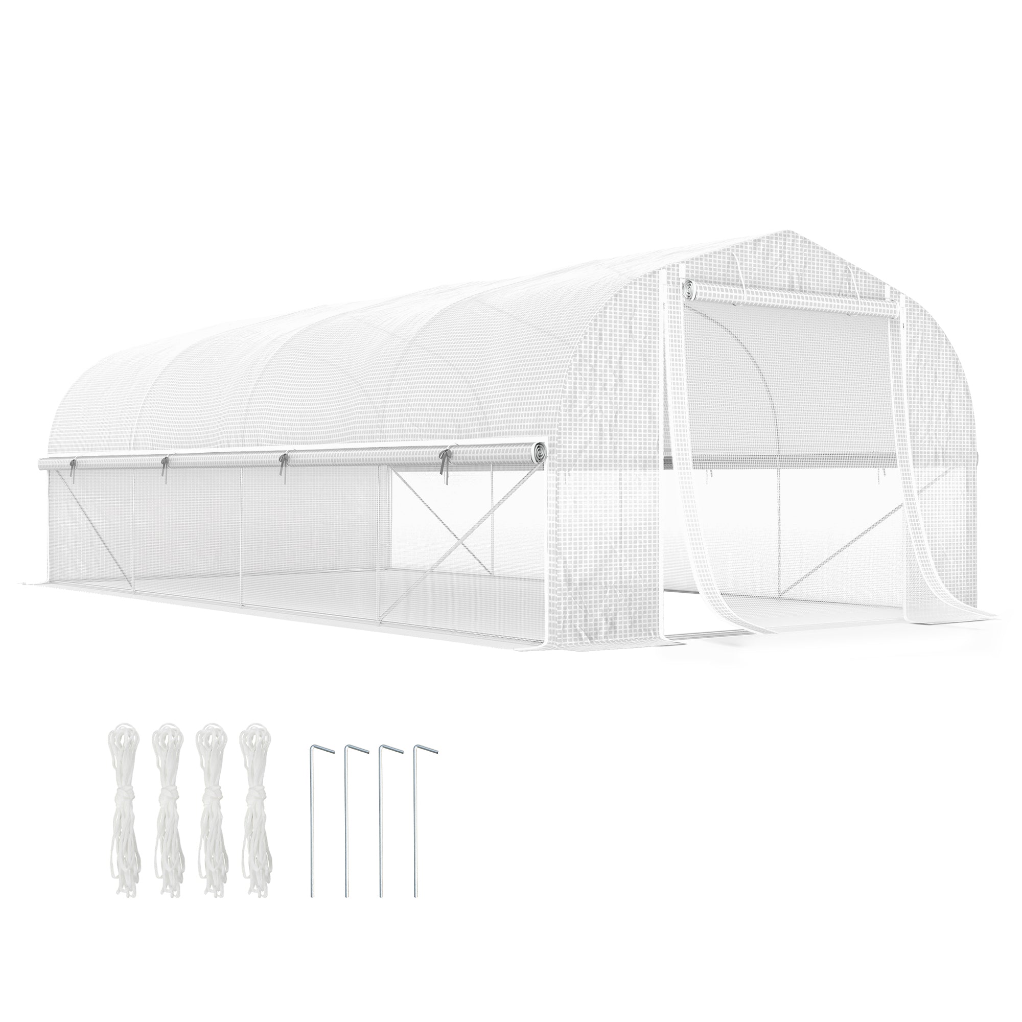 Outsunny 19.5' x 10' x 6.6' Walk-in Tunnel Greenhouse with Roll-up Mesh Sidewalls, Mesh Door, 8 Windows, Outdoor Green House Plant Hot House Tent with Galvanized Steel Frame, White